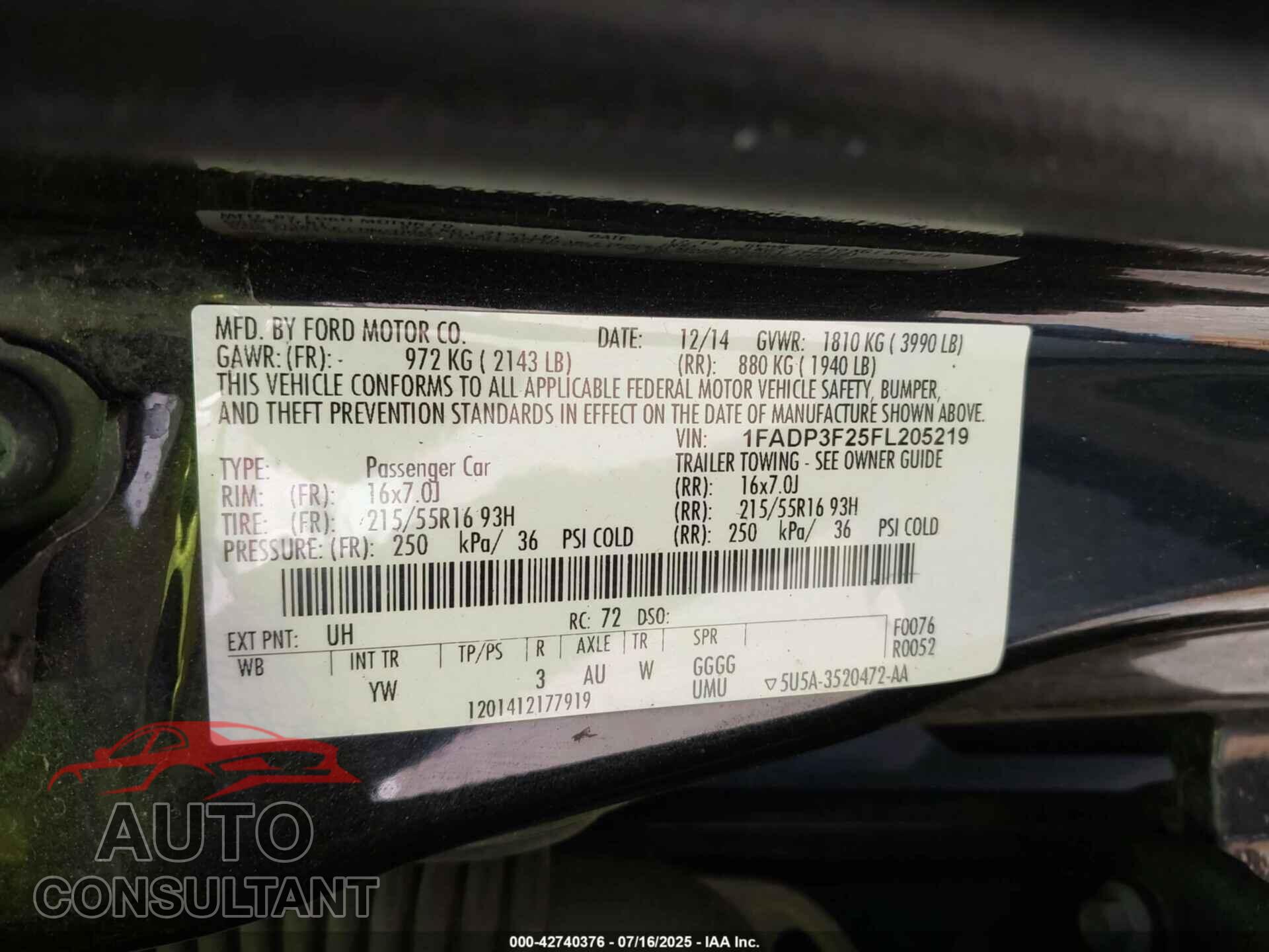 FORD FOCUS 2015 - 1FADP3F25FL205219