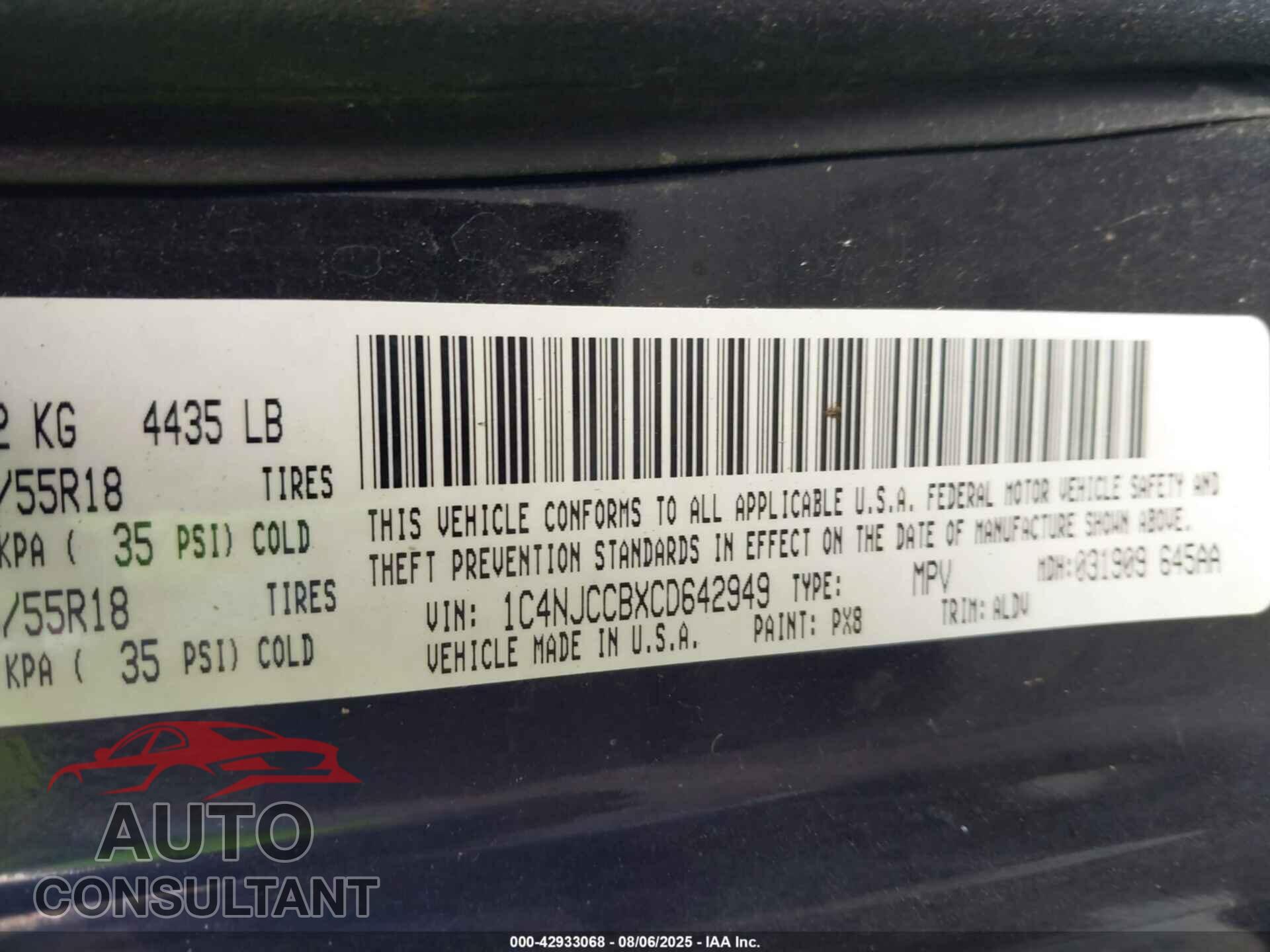 JEEP COMPASS 2012 - 1C4NJCCBXCD642949