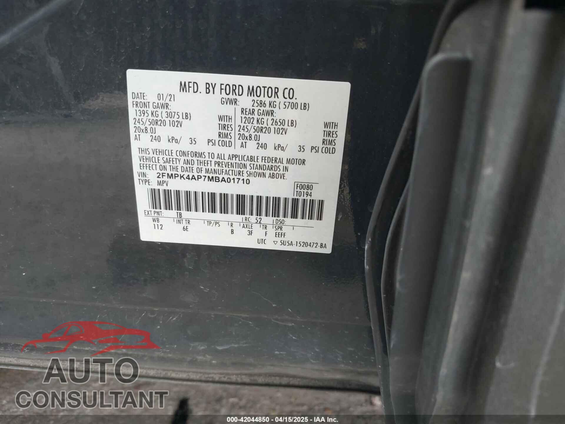 FORD EDGE 2021 - 2FMPK4AP7MBA01710
