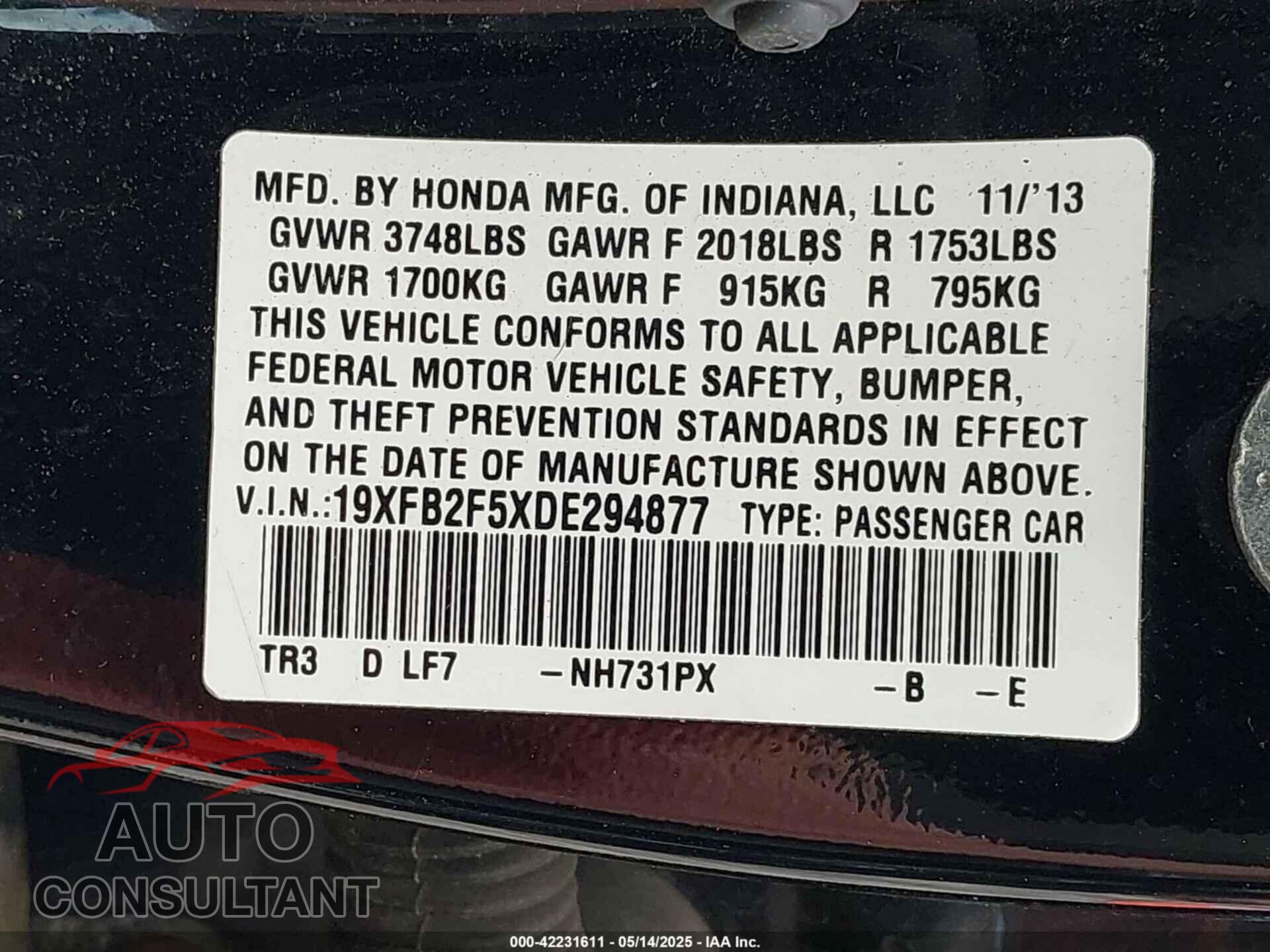 HONDA CIVIC 2013 - 19XFB2F5XDE294877