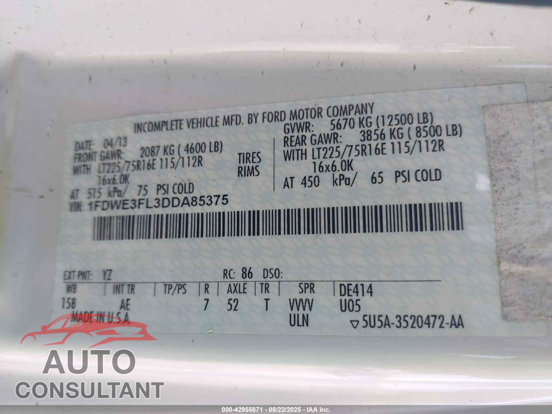 FORD E-350 CUTAWAY 2013 - 1FDWE3FL3DDA85375