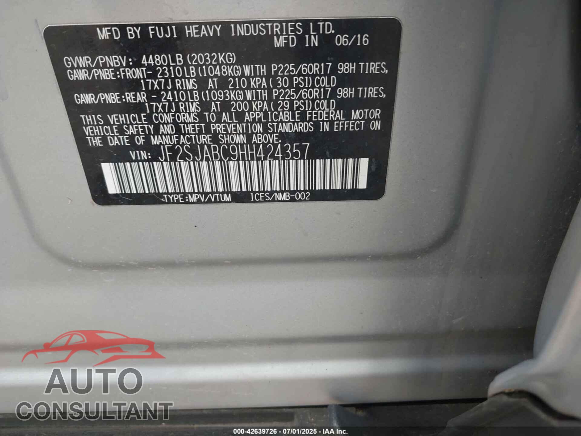 SUBARU FORESTER 2017 - JF2SJABC9HH424357