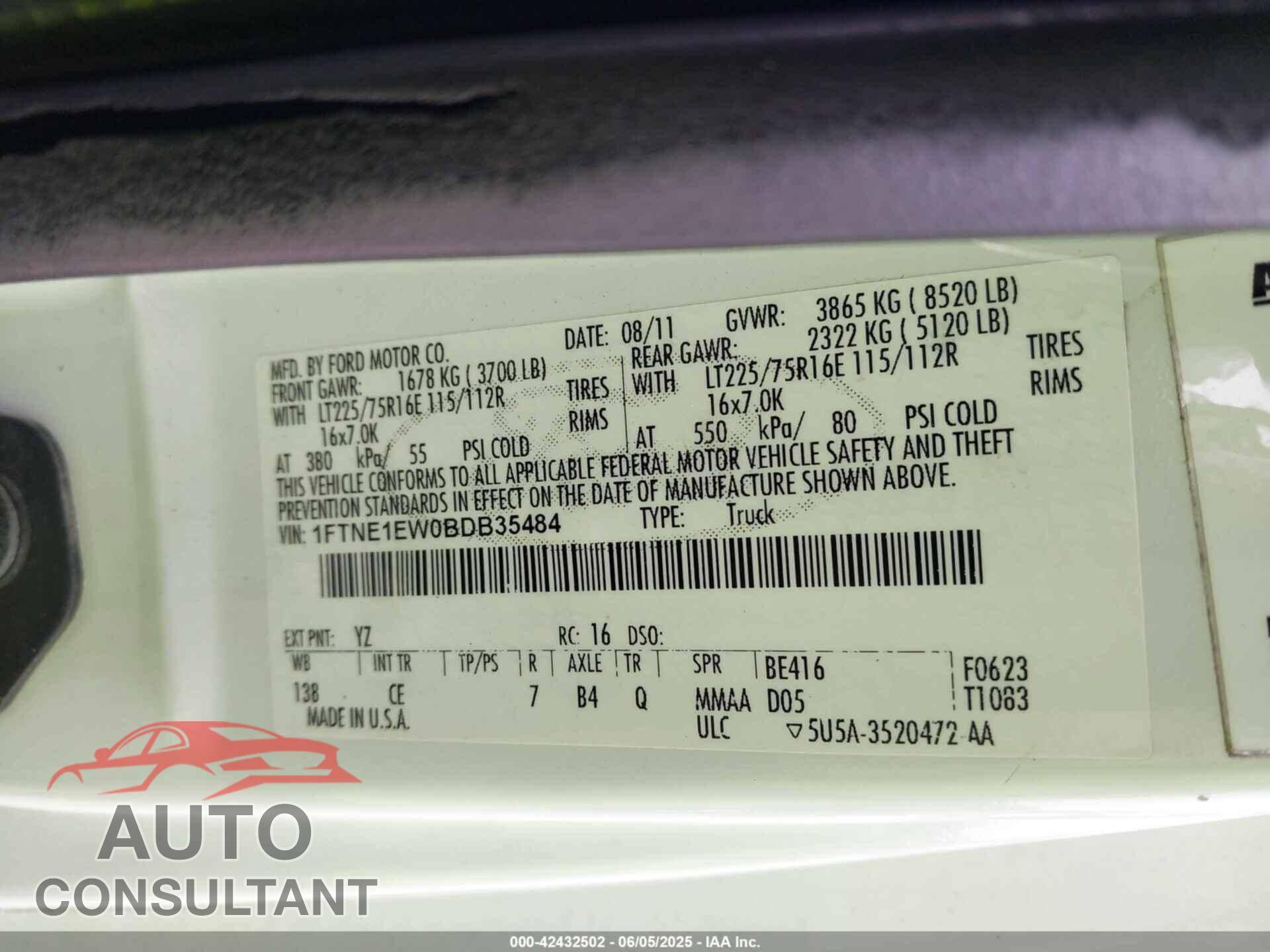 FORD E-150 2011 - 1FTNE1EW0BDB35484