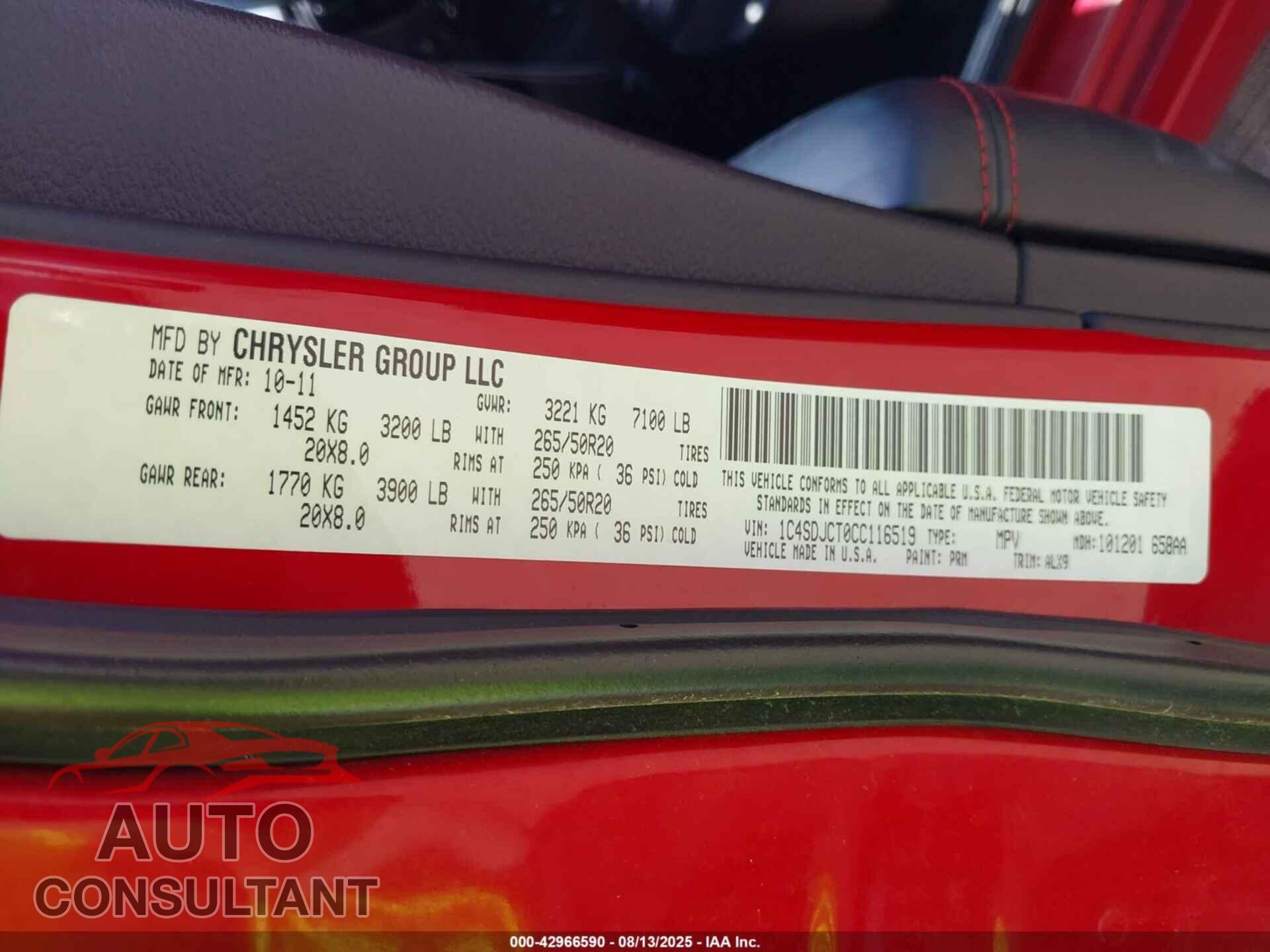 DODGE DURANGO 2012 - 1C4SDJCT0CC116519