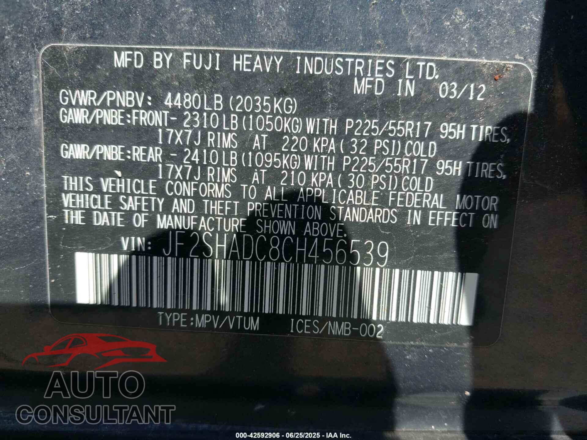 SUBARU FORESTER 2012 - JF2SHADC8CH456539