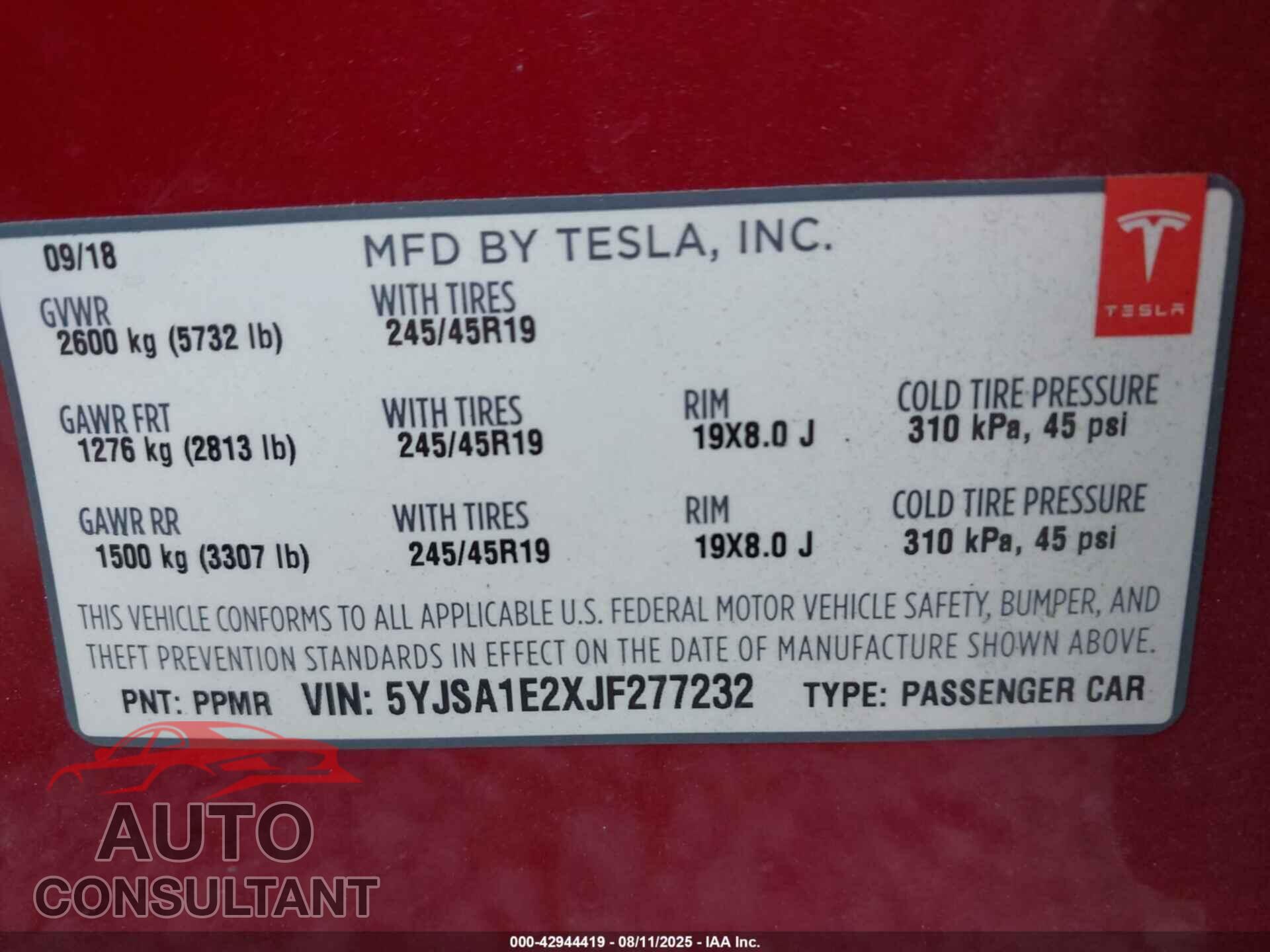TESLA MODEL S 2018 - 5YJSA1E2XJF277232