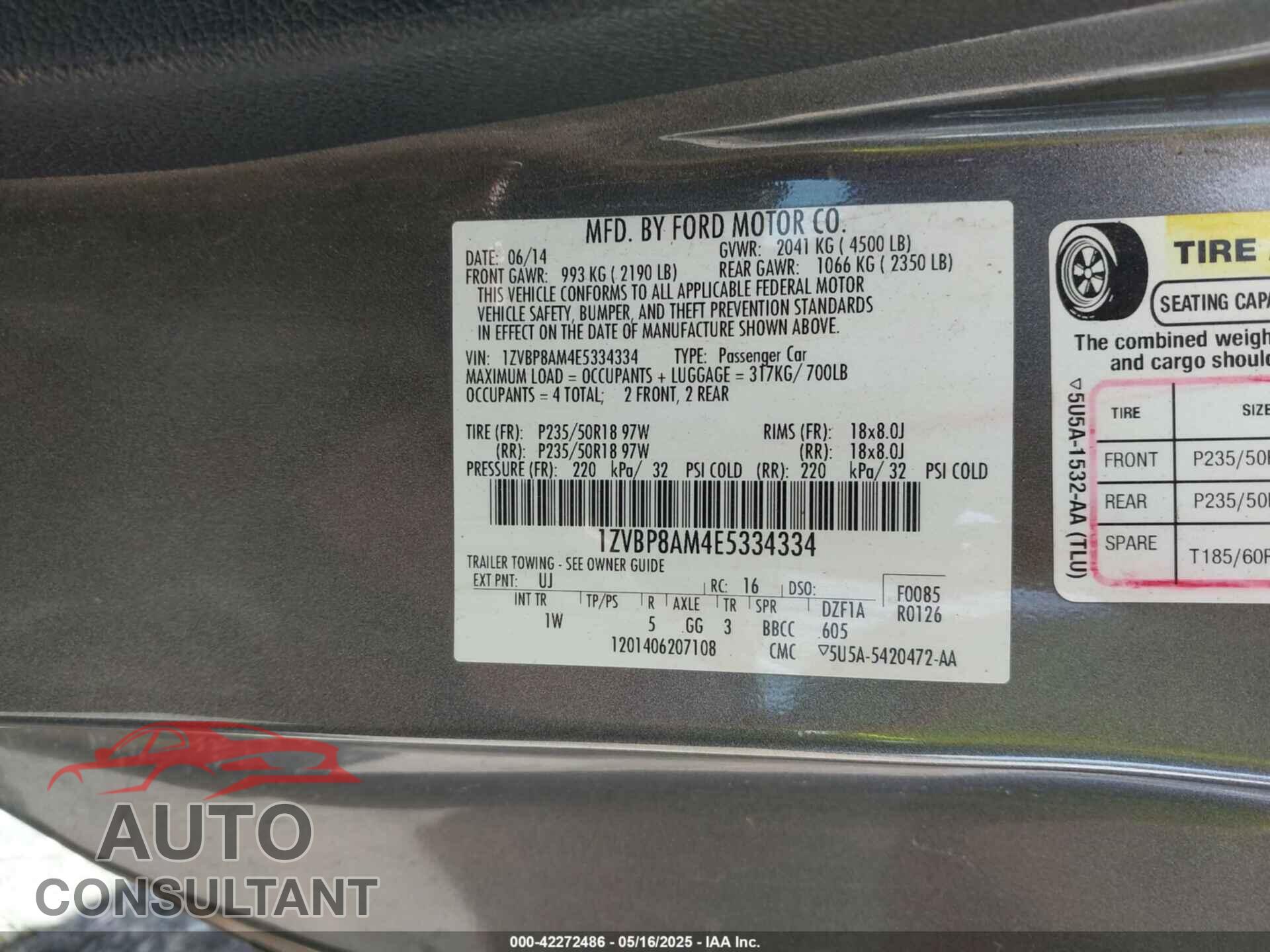 FORD MUSTANG 2014 - 1ZVBP8AM4E5334334
