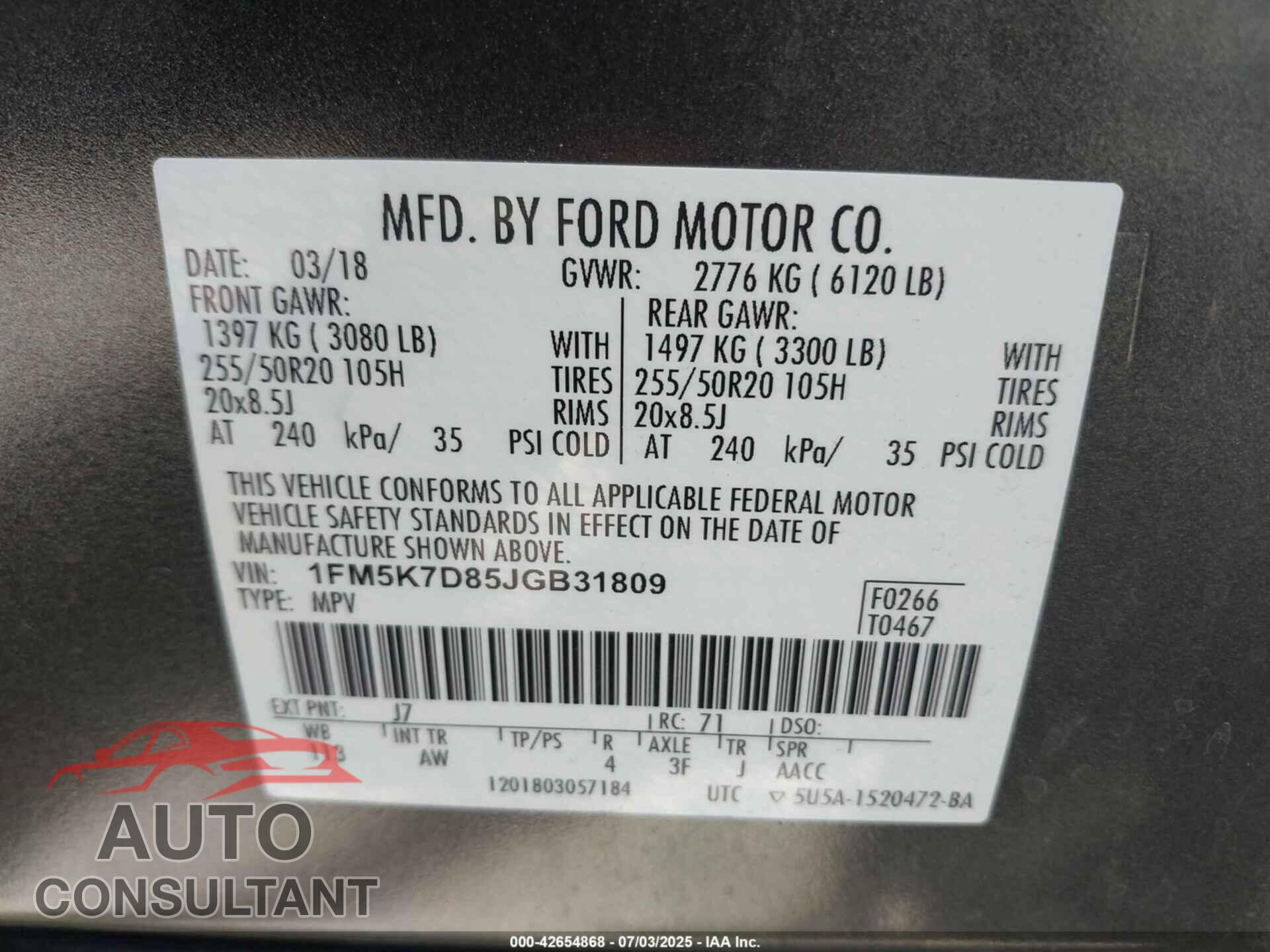 FORD EXPLORER 2018 - 1FM5K7D85JGB31809