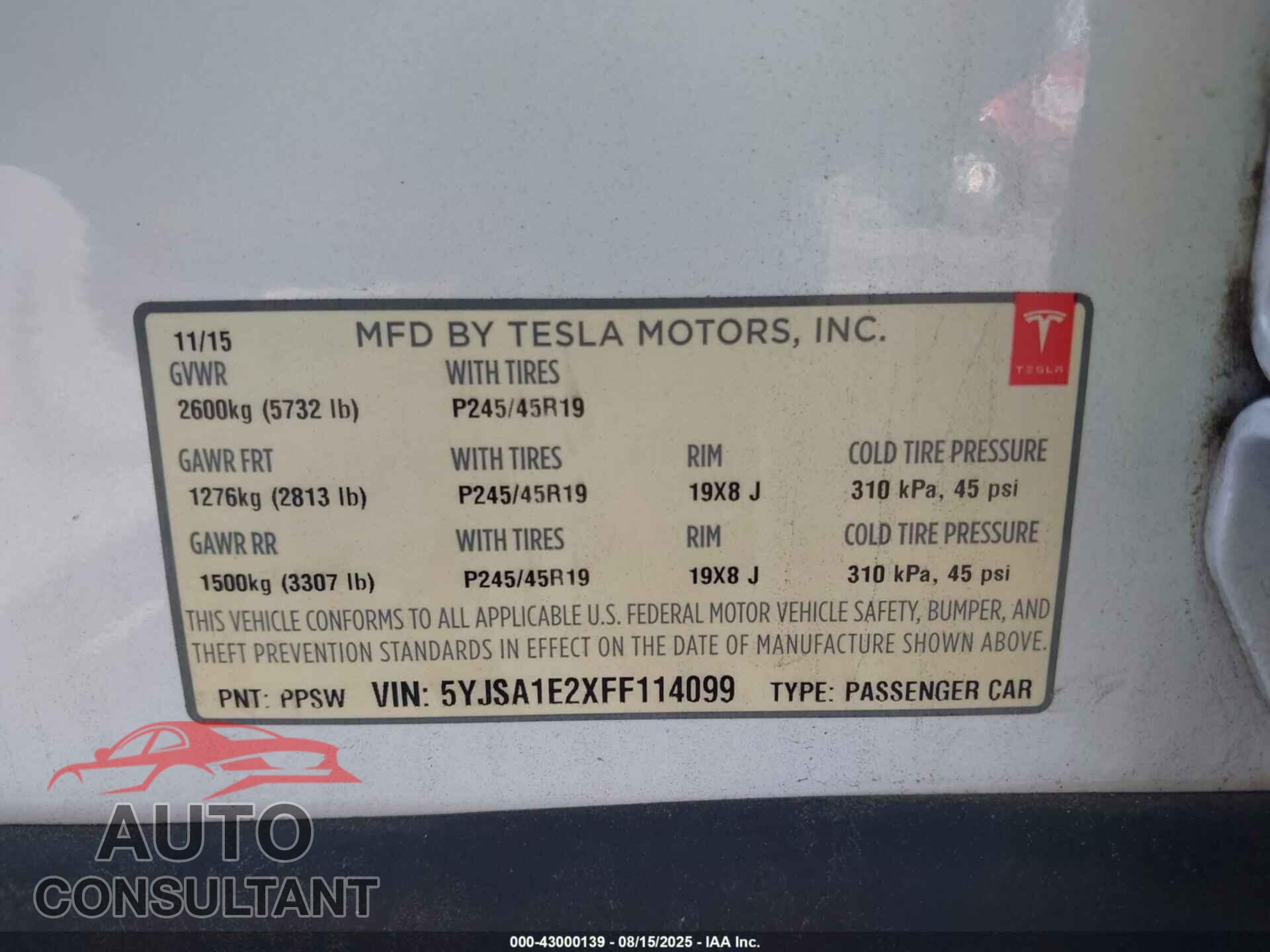 TESLA MODEL S 2015 - 5YJSA1E2XFF114099