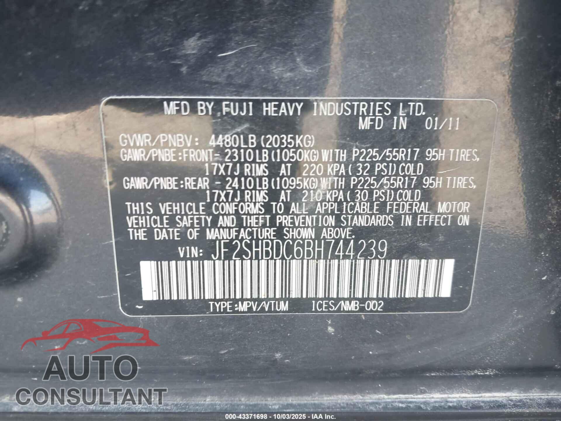SUBARU FORESTER 2011 - JF2SHBDC6BH744239
