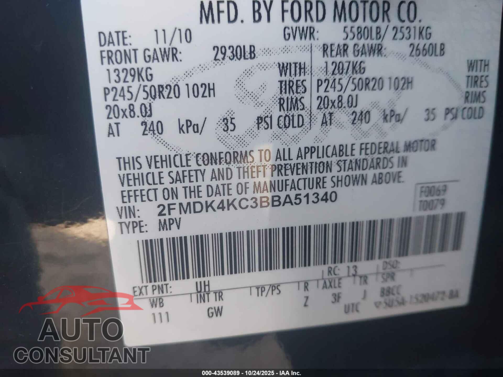 FORD EDGE 2011 - 2FMDK4KC3BBA51340