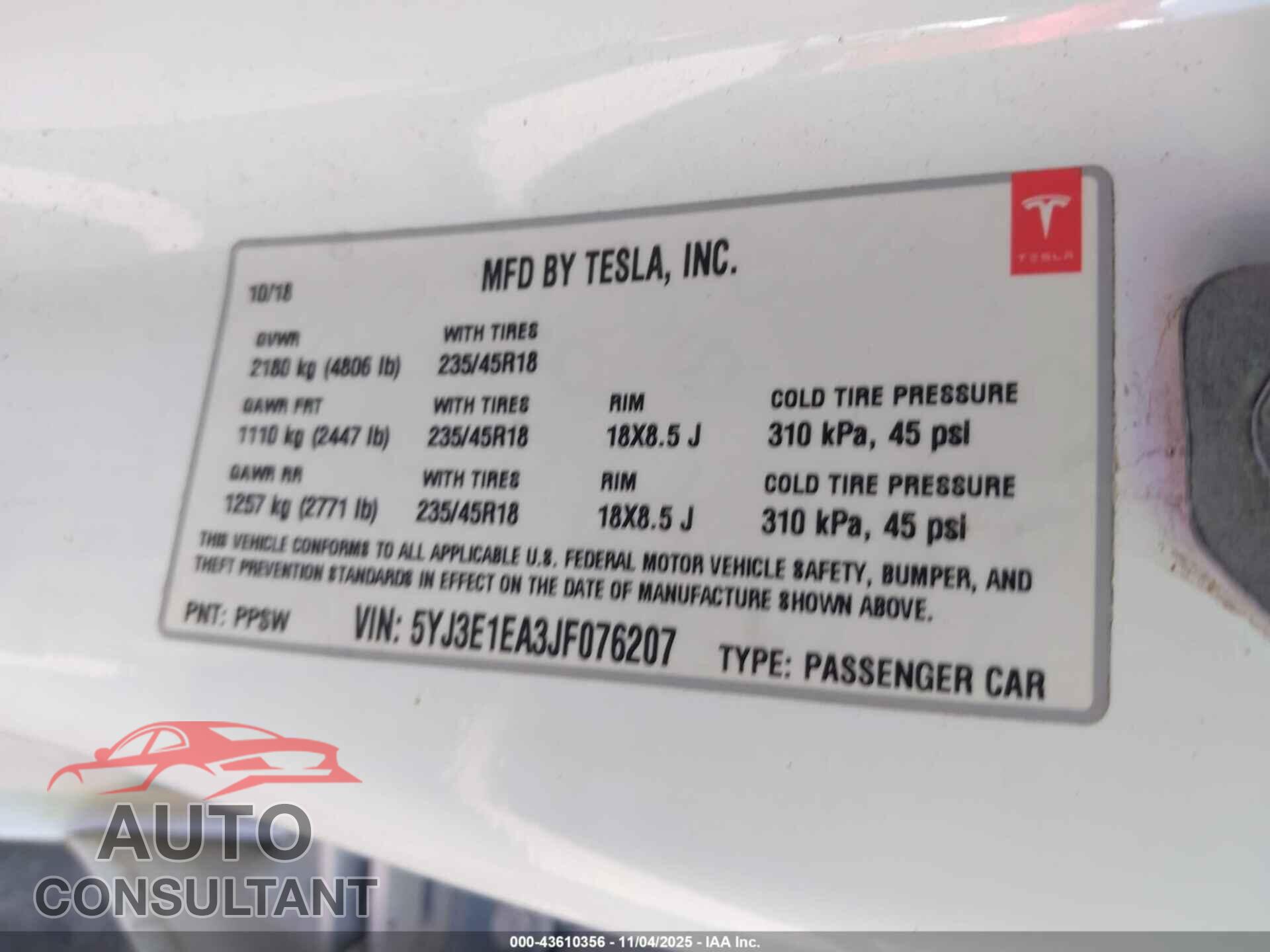 TESLA MODEL 3 2018 - 5YJ3E1EA3JF076207