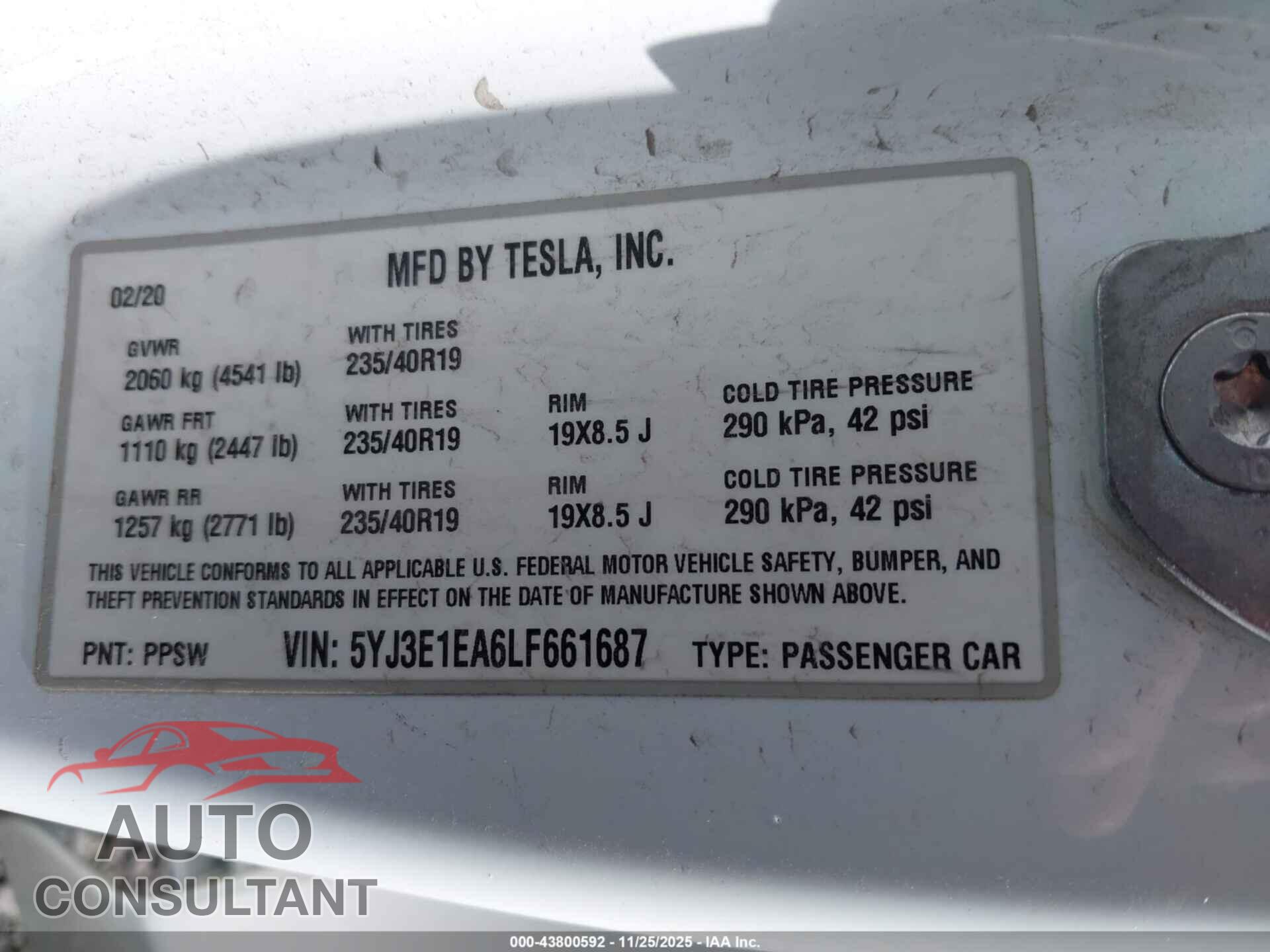 TESLA MODEL 3 2020 - 5YJ3E1EA6LF661687