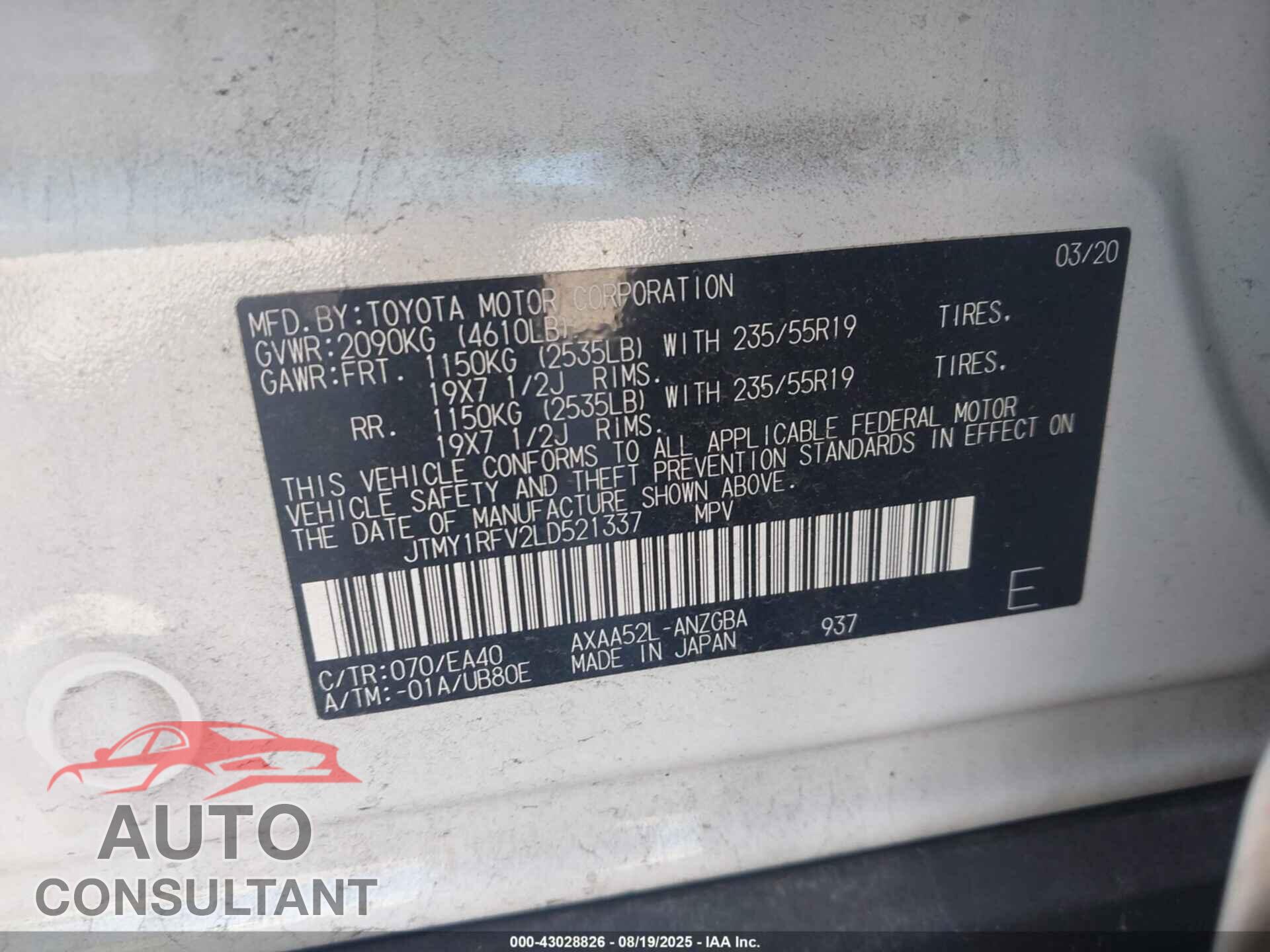 TOYOTA RAV4 2020 - JTMY1RFV2LD521337
