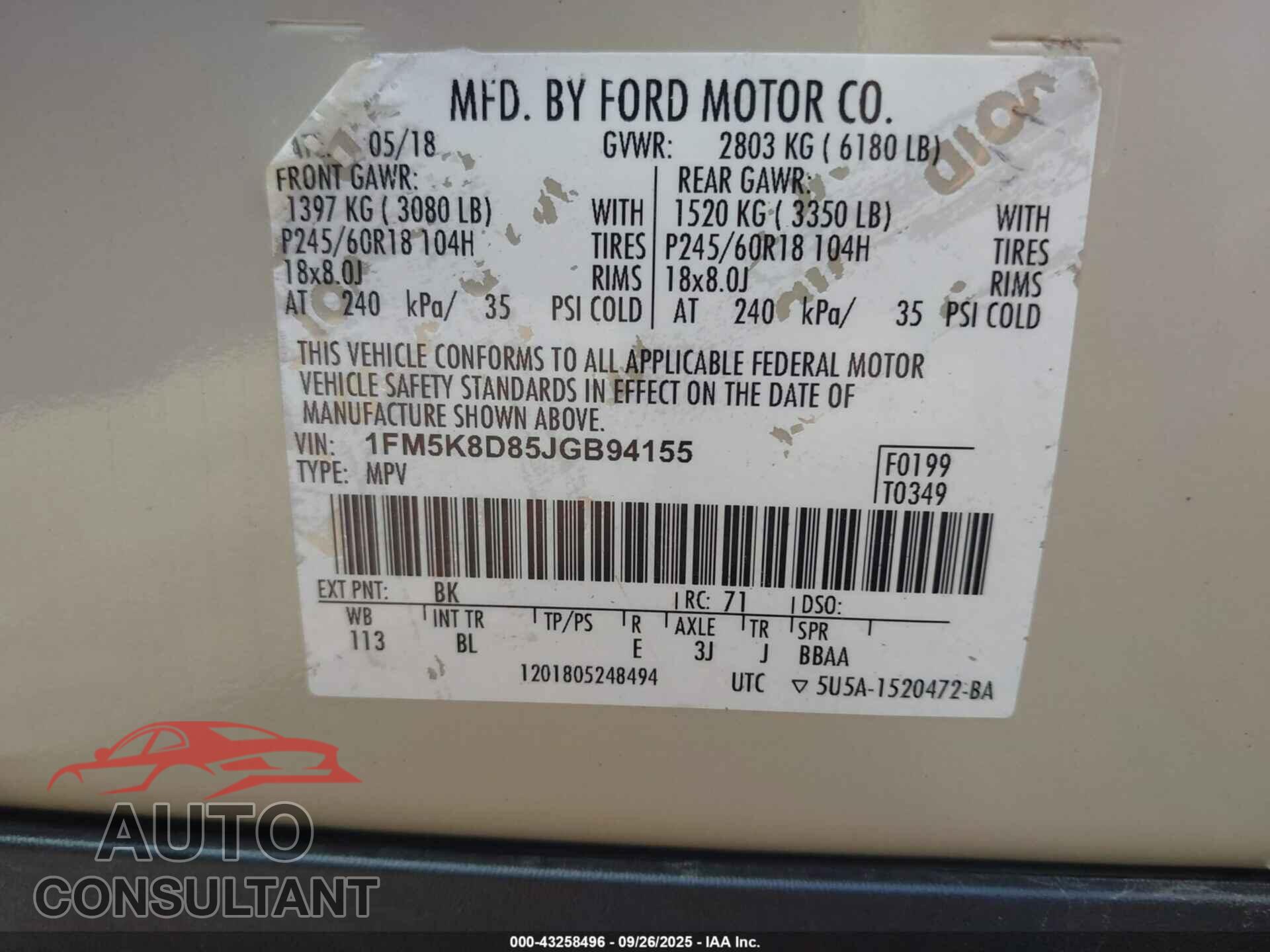 FORD EXPLORER 2018 - 1FM5K8D85JGB94155