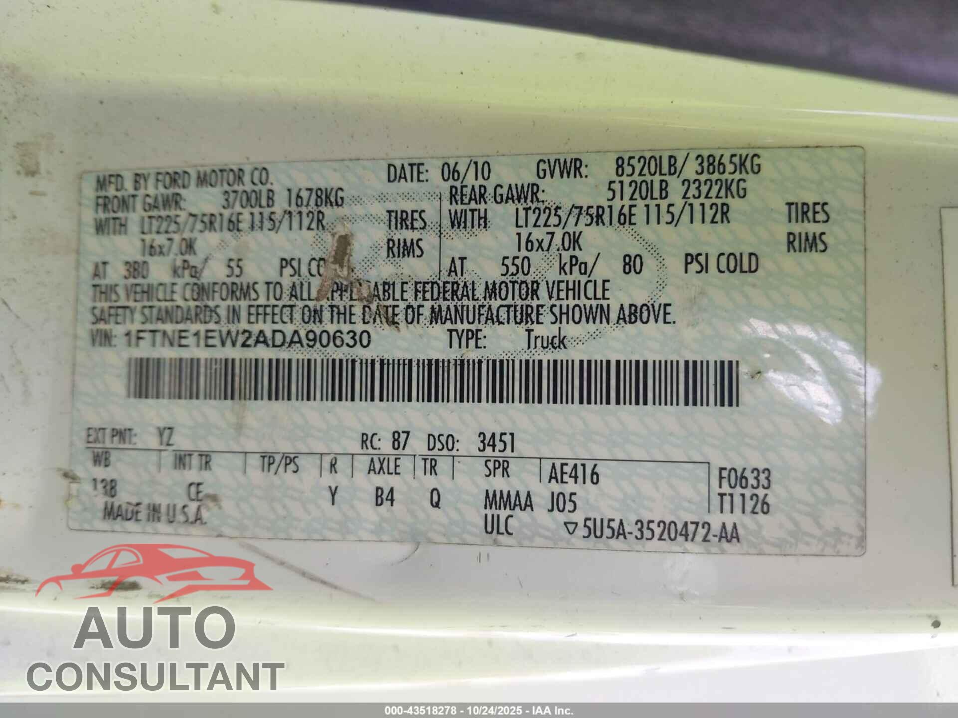 FORD E-150 2010 - 1FTNE1EW2ADA90630
