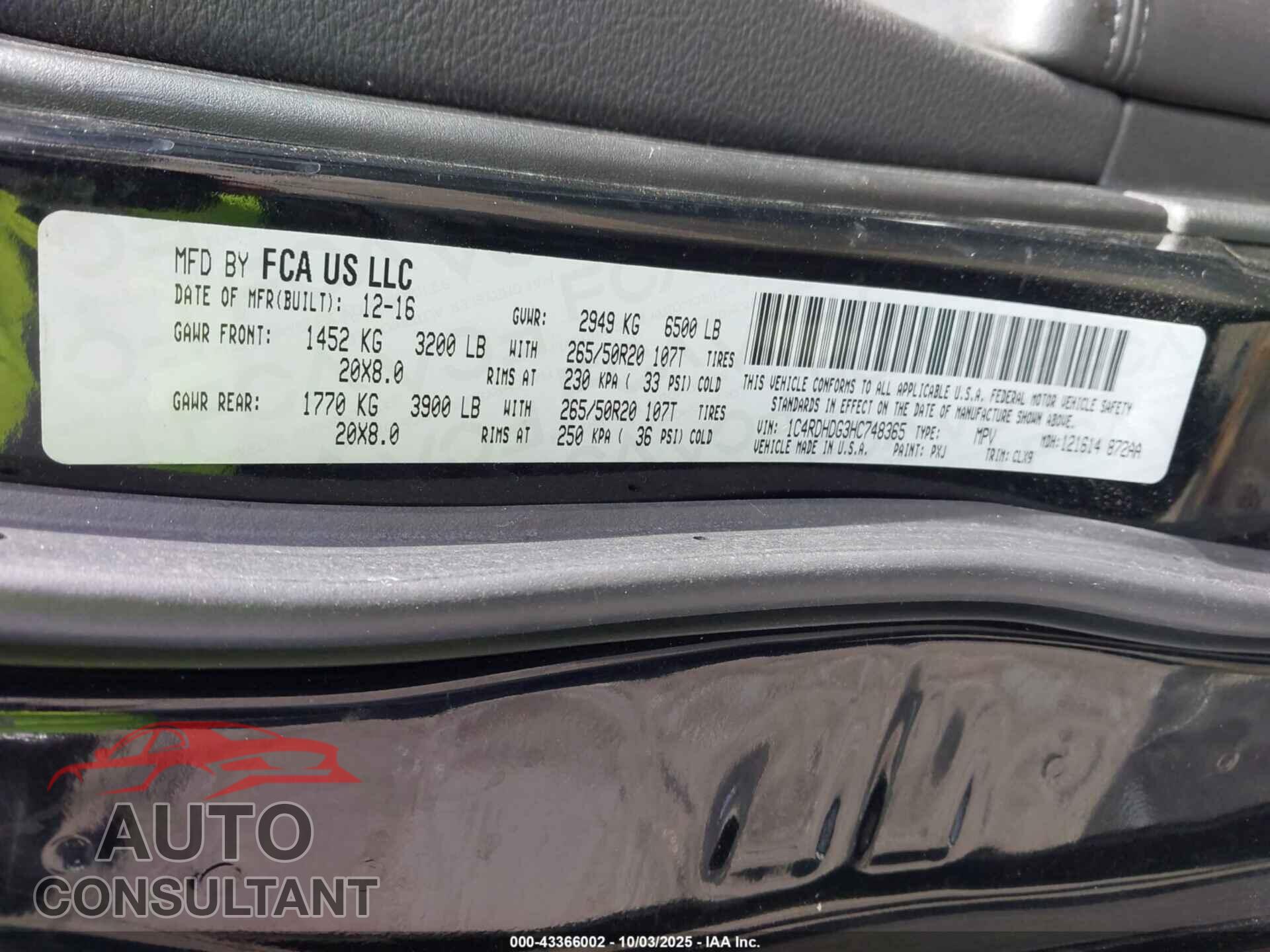 DODGE DURANGO 2017 - 1C4RDHDG3HC748365