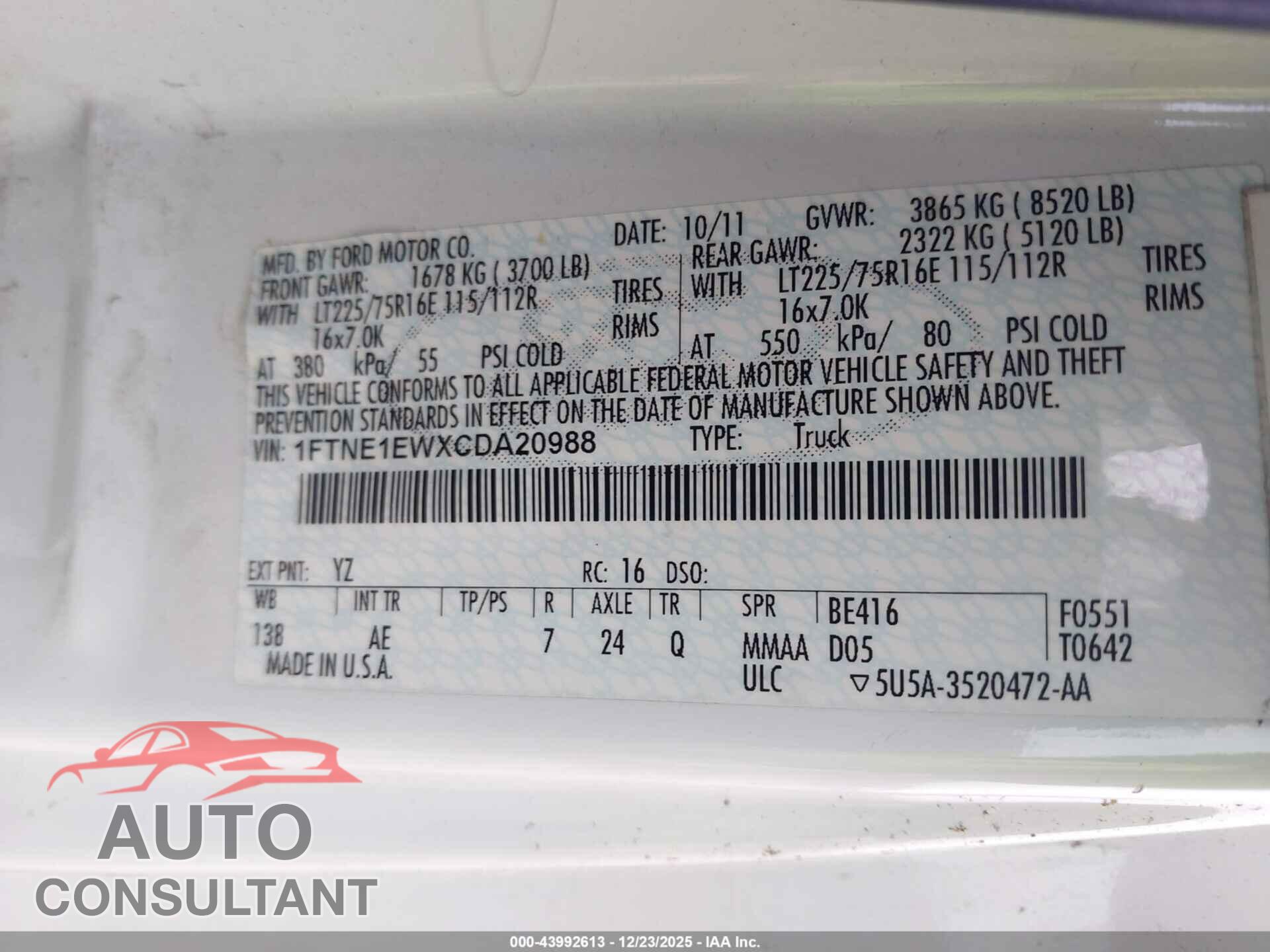 FORD E-150 2012 - 1FTNE1EWXCDA20988