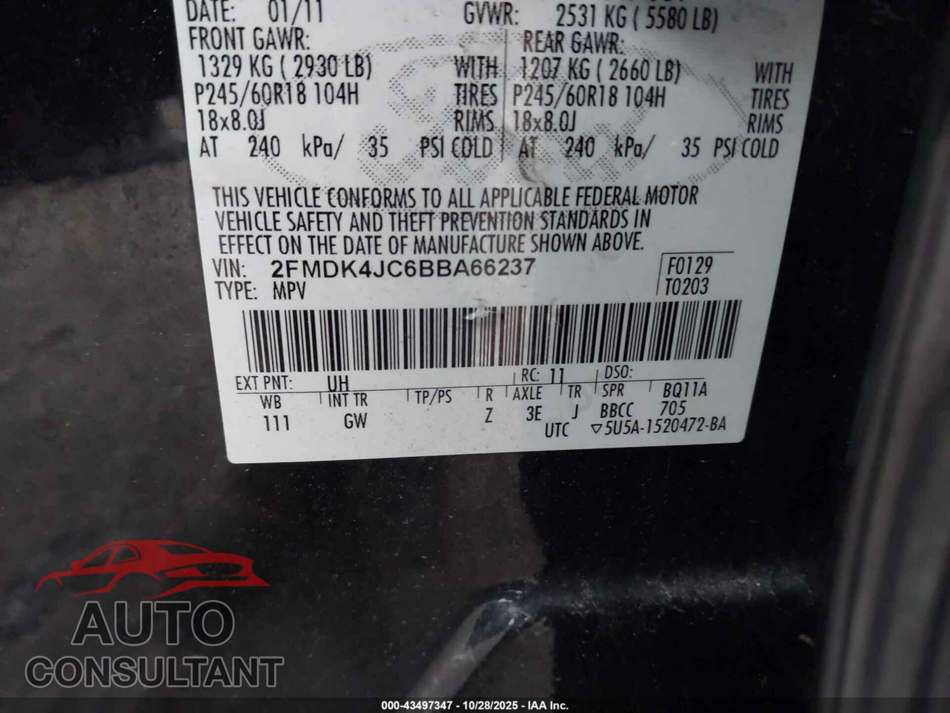 FORD EDGE 2011 - 2FMDK4JC6BBA66237