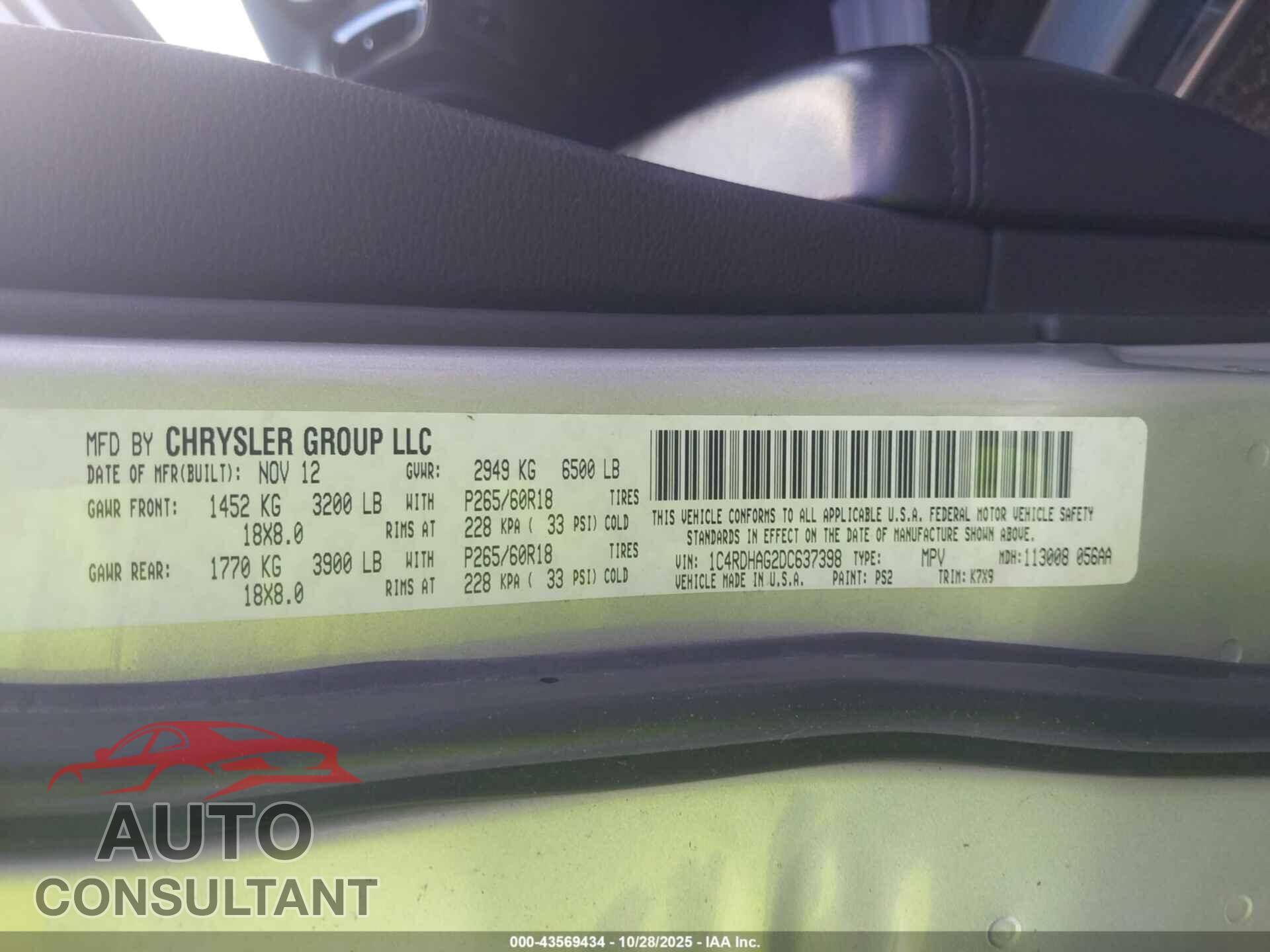 DODGE DURANGO 2013 - 1C4RDHAG2DC637398