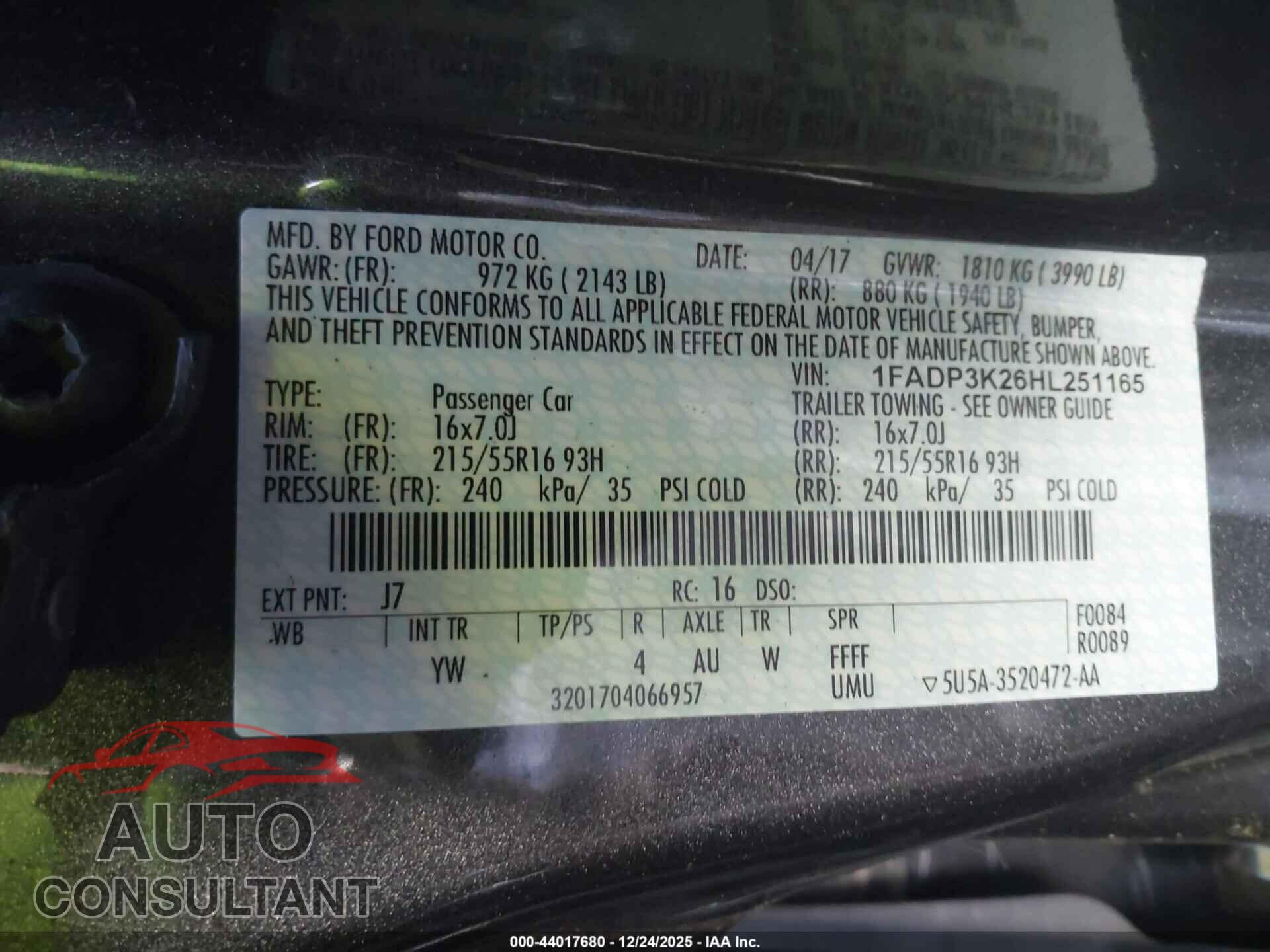 FORD FOCUS 2017 - 1FADP3K26HL251165