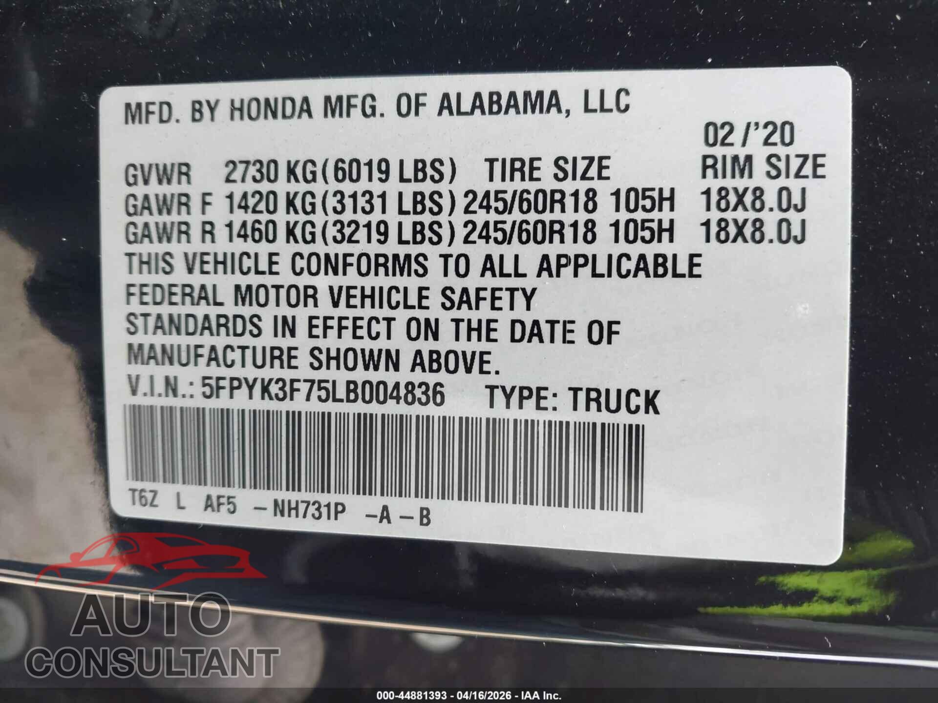 HONDA RIDGELINE 2020 - 5FPYK3F75LB004836