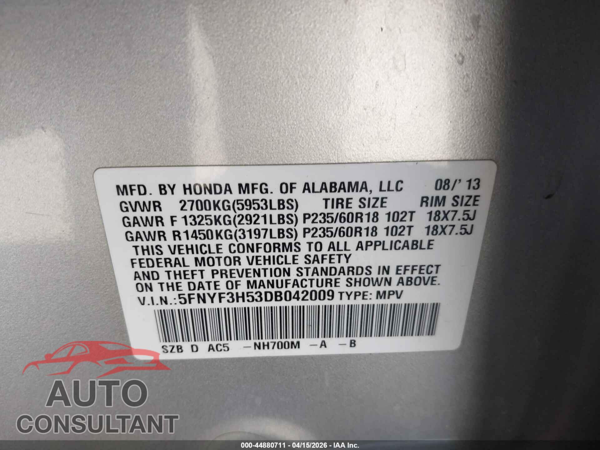 HONDA PILOT 2013 - 5FNYF3H53DB042009