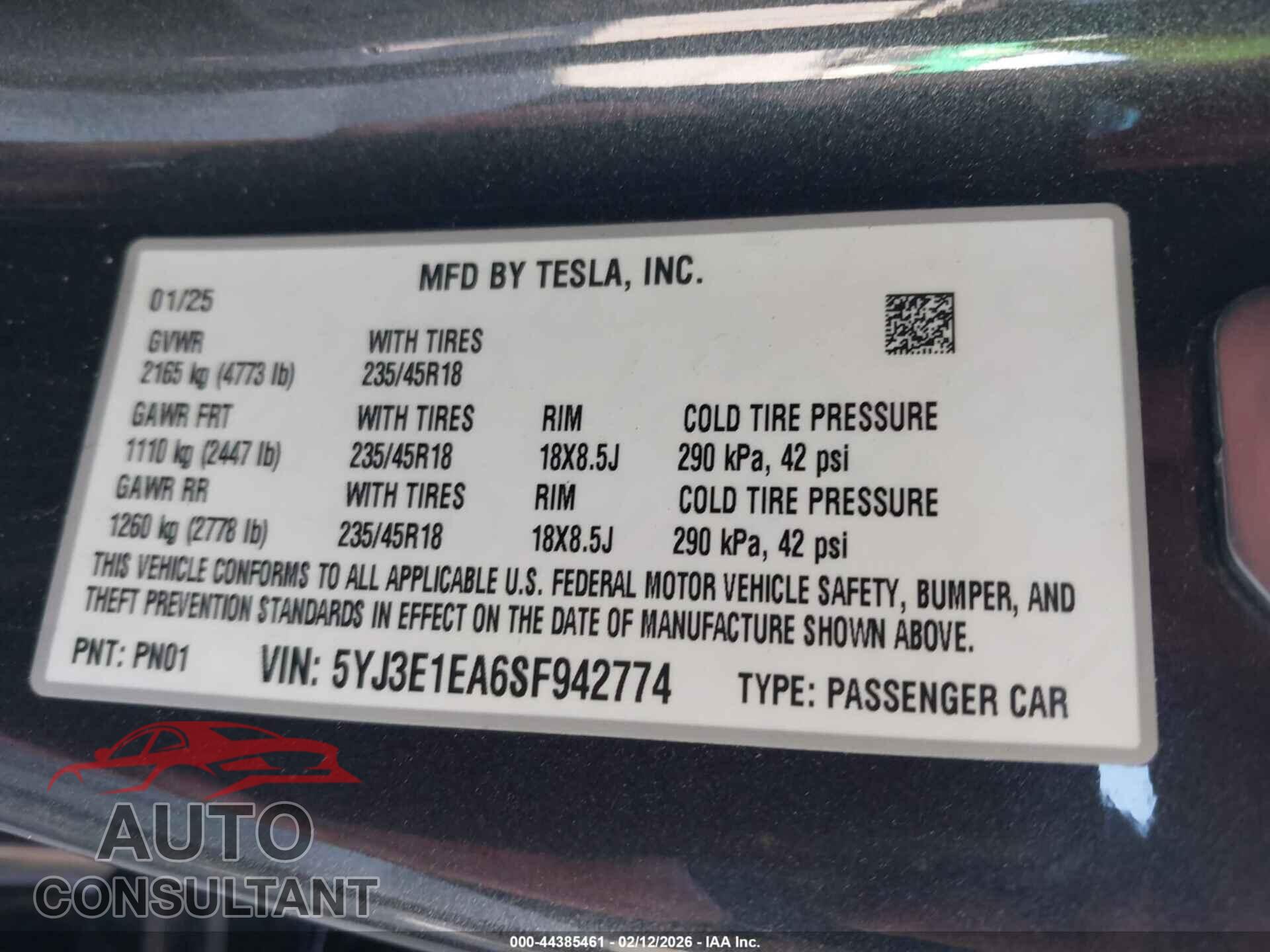 TESLA MODEL 3 2025 - 5YJ3E1EA6SF942774