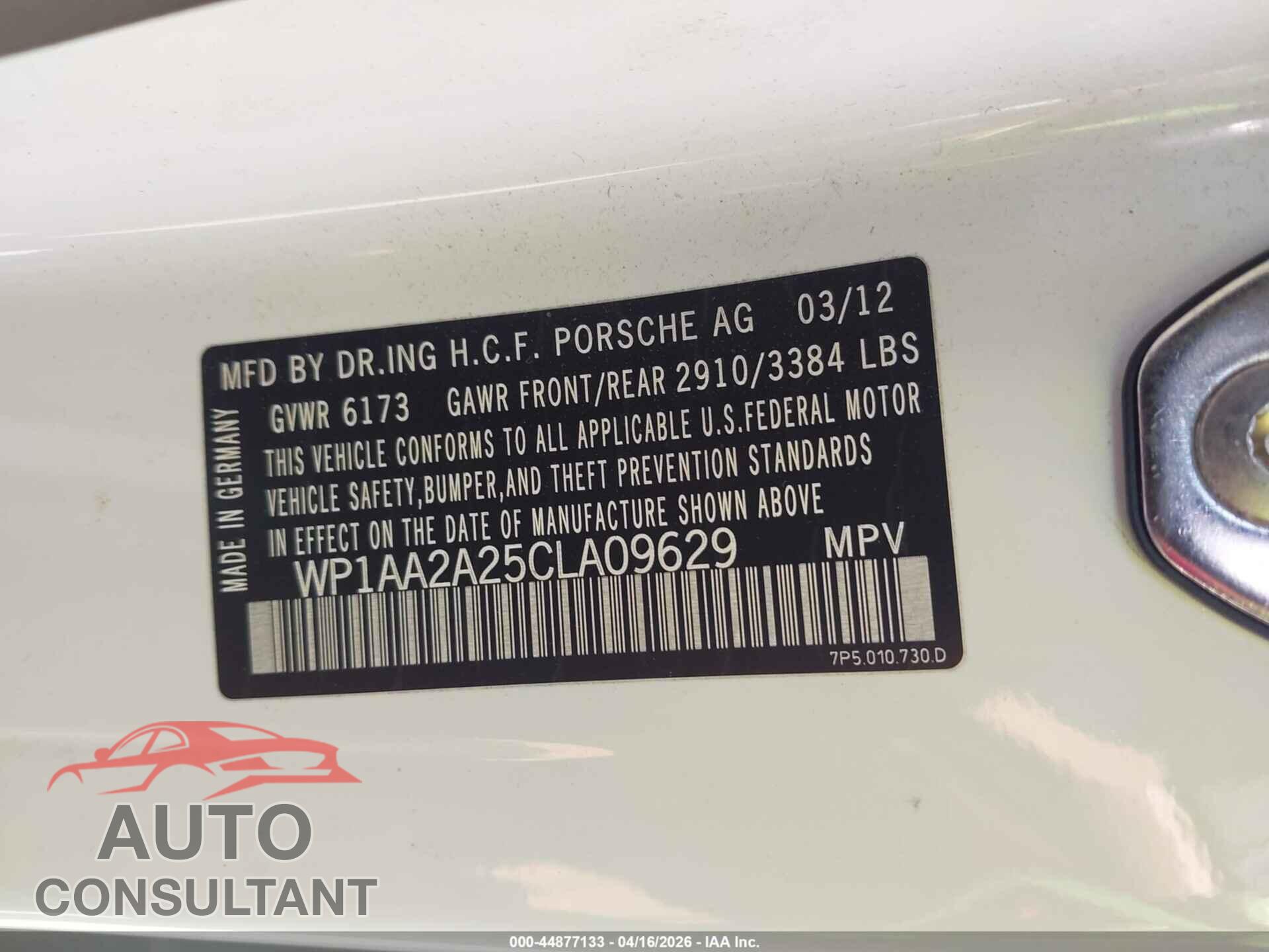 PORSCHE CAYENNE 2012 - WP1AA2A25CLA09629