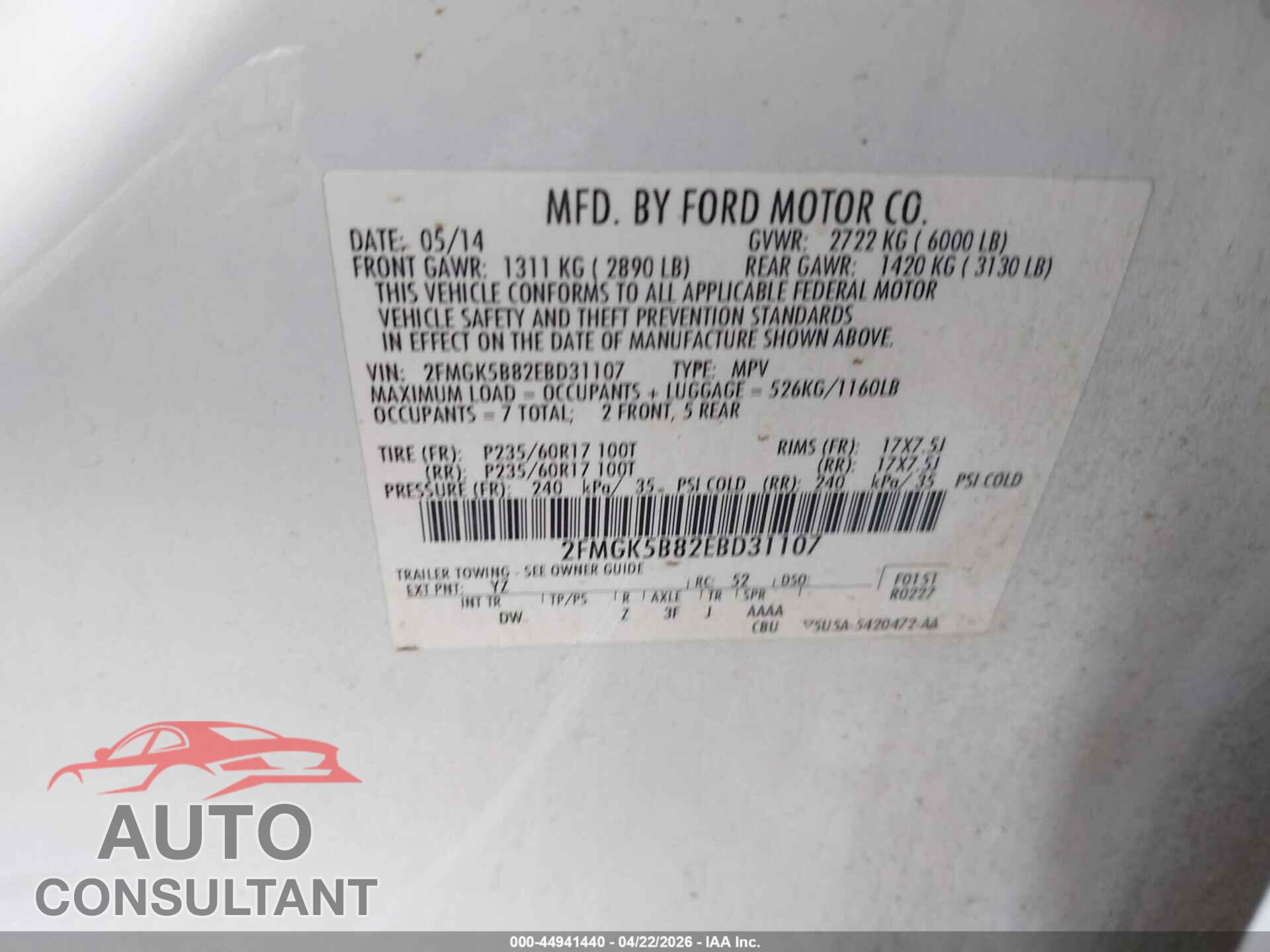 FORD FLEX 2014 - 2FMGK5B82EBD31107