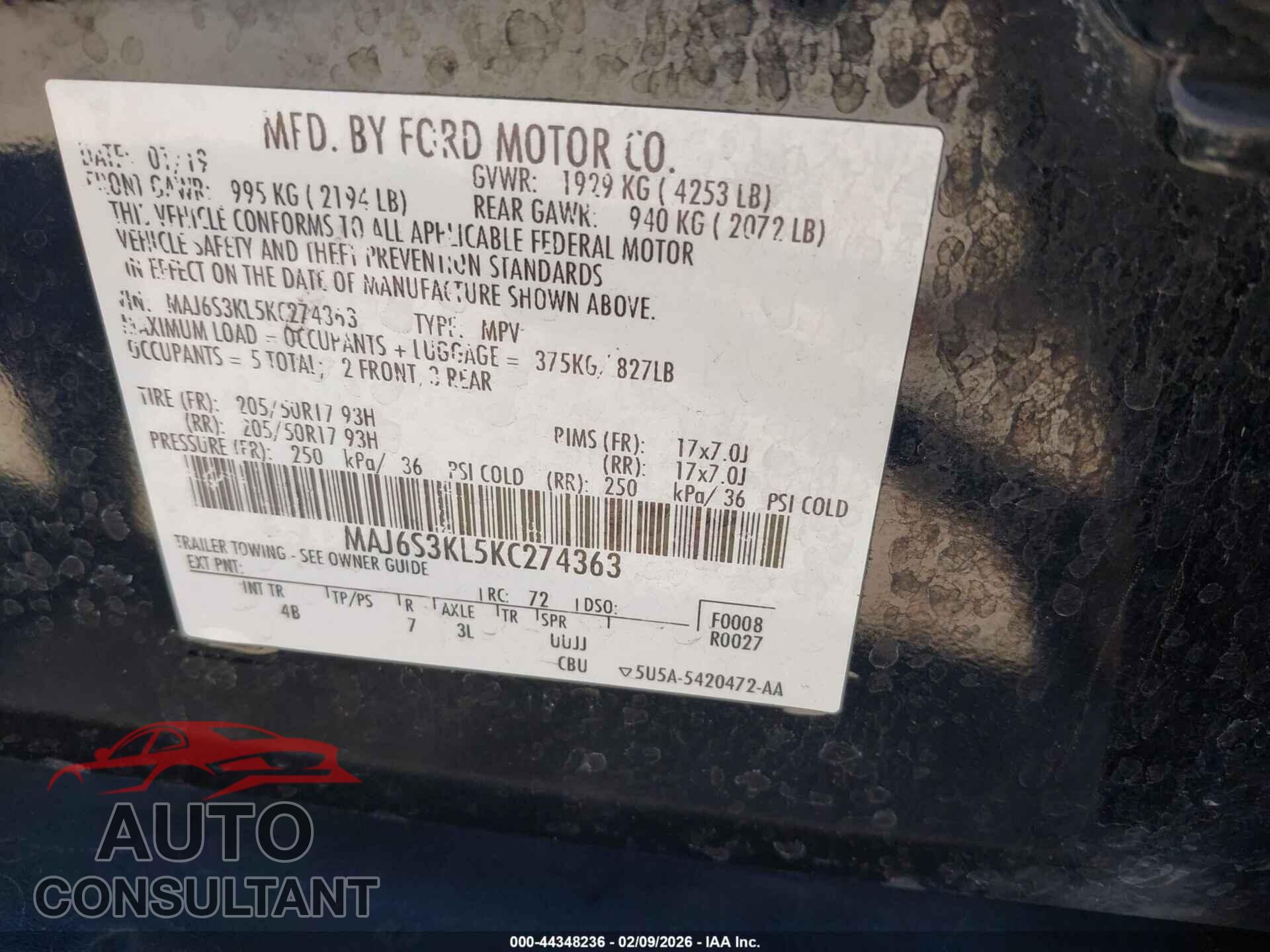 FORD ECOSPORT 2019 - MAJ6S3KL5KC274363