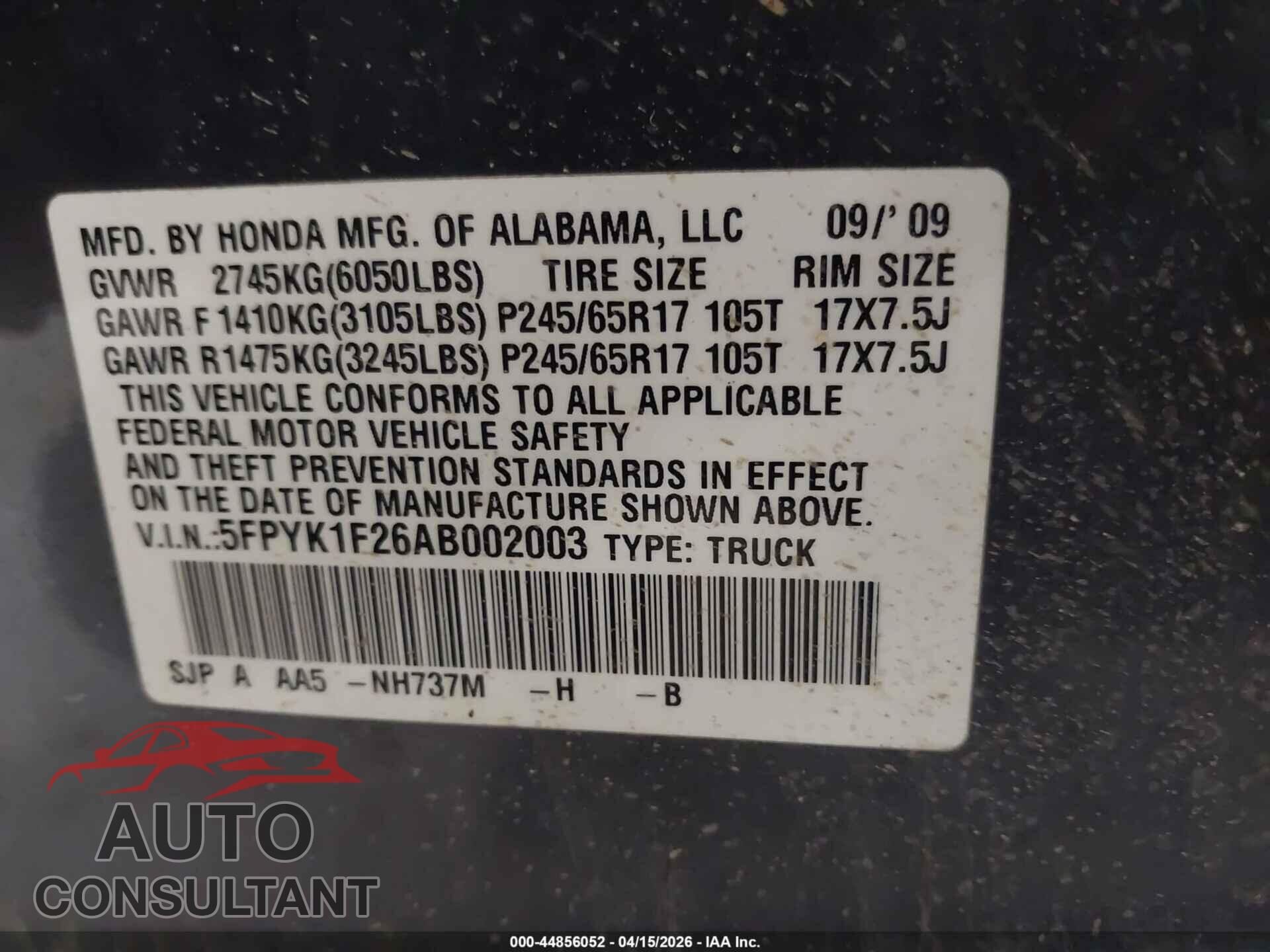 HONDA RIDGELINE 2010 - 5FPYK1F26AB002003