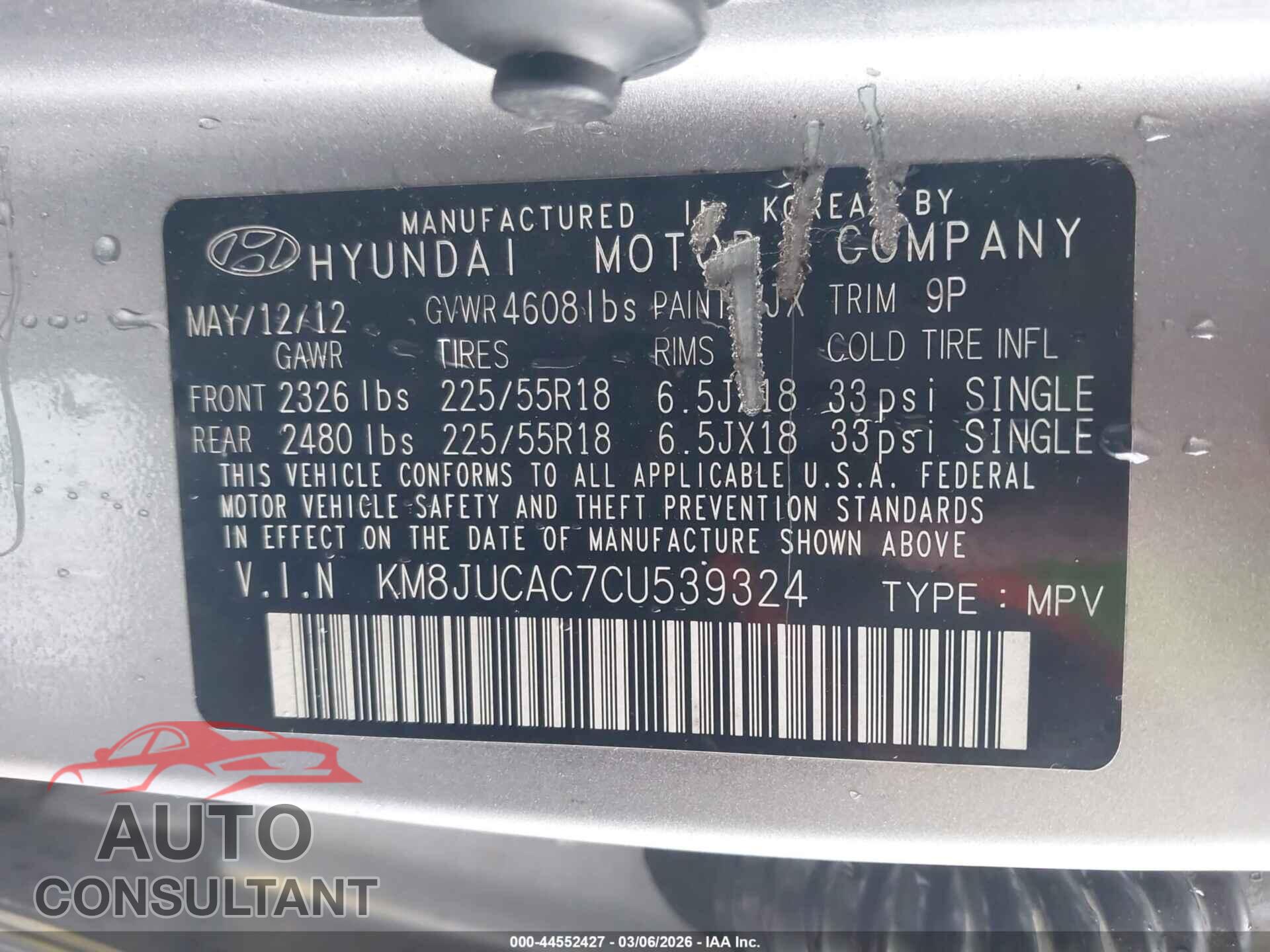 HYUNDAI TUCSON 2012 - KM8JUCAC7CU539324