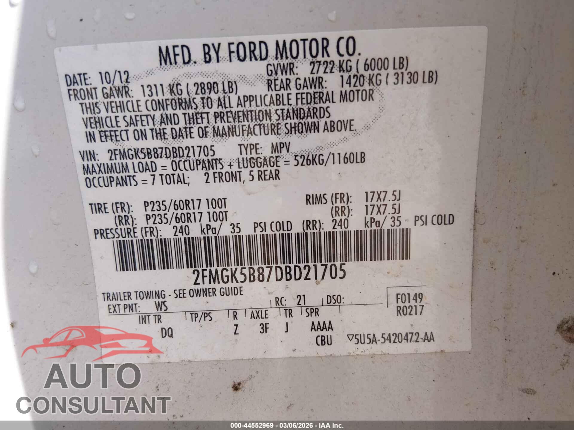 FORD FLEX 2013 - 2FMGK5B87DBD21705