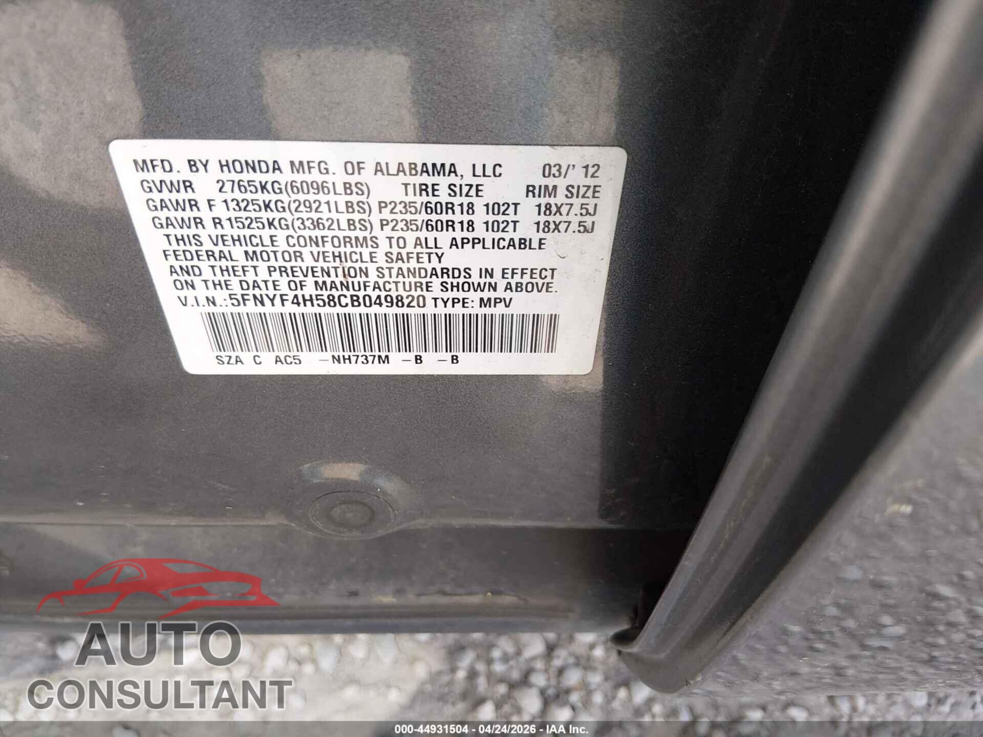 HONDA PILOT 2012 - 5FNYF4H58CB049820