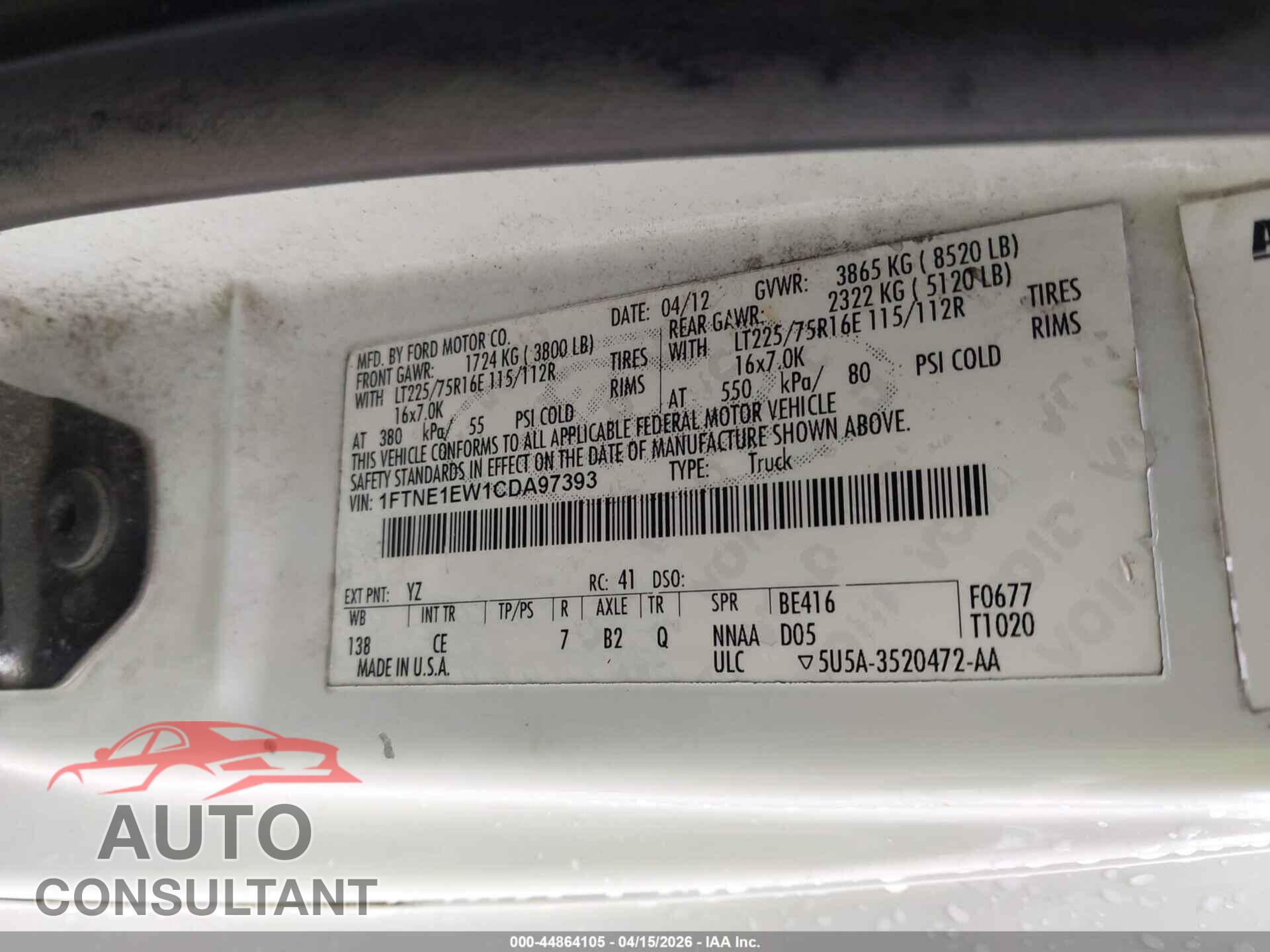 FORD ECONOLINE 2012 - 1FTNE1EW1CDA97393