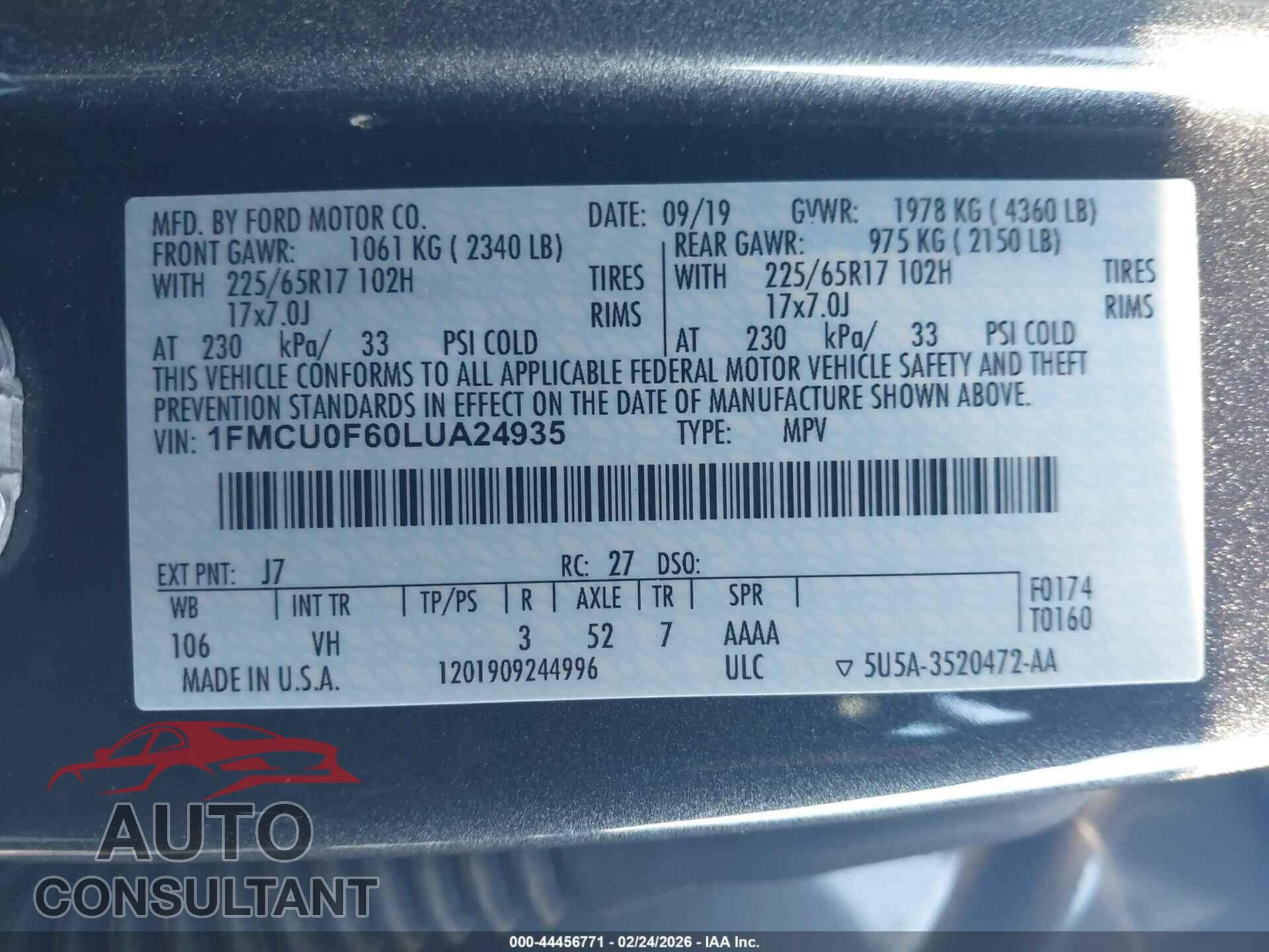 FORD ESCAPE 2020 - 1FMCU0F60LUA24935