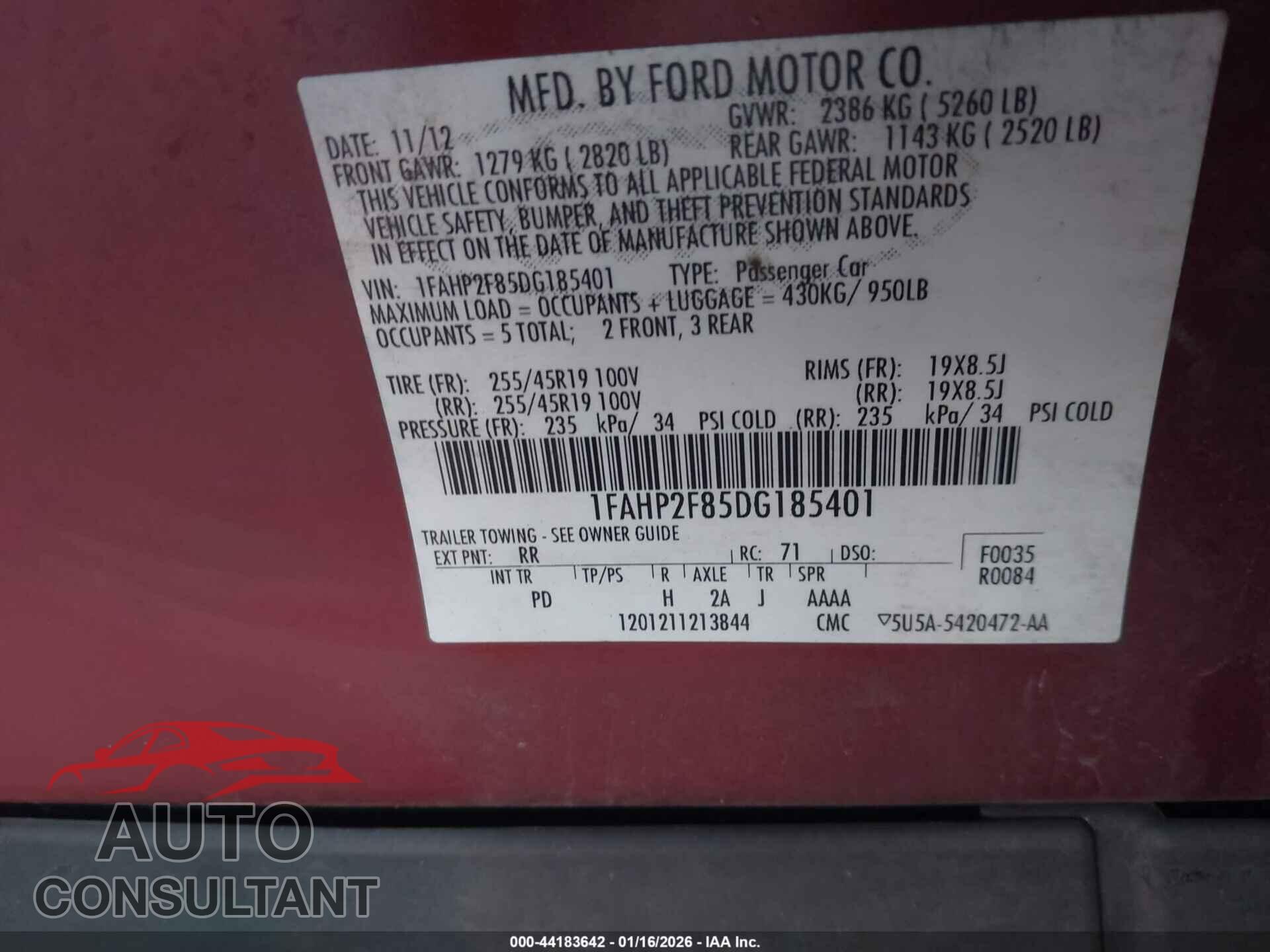 FORD TAURUS 2013 - 1FAHP2F85DG185401