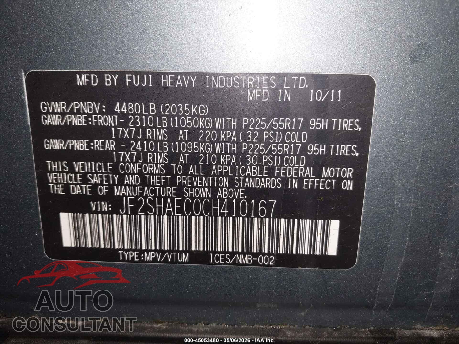 SUBARU FORESTER 2012 - JF2SHAEC0CH410167
