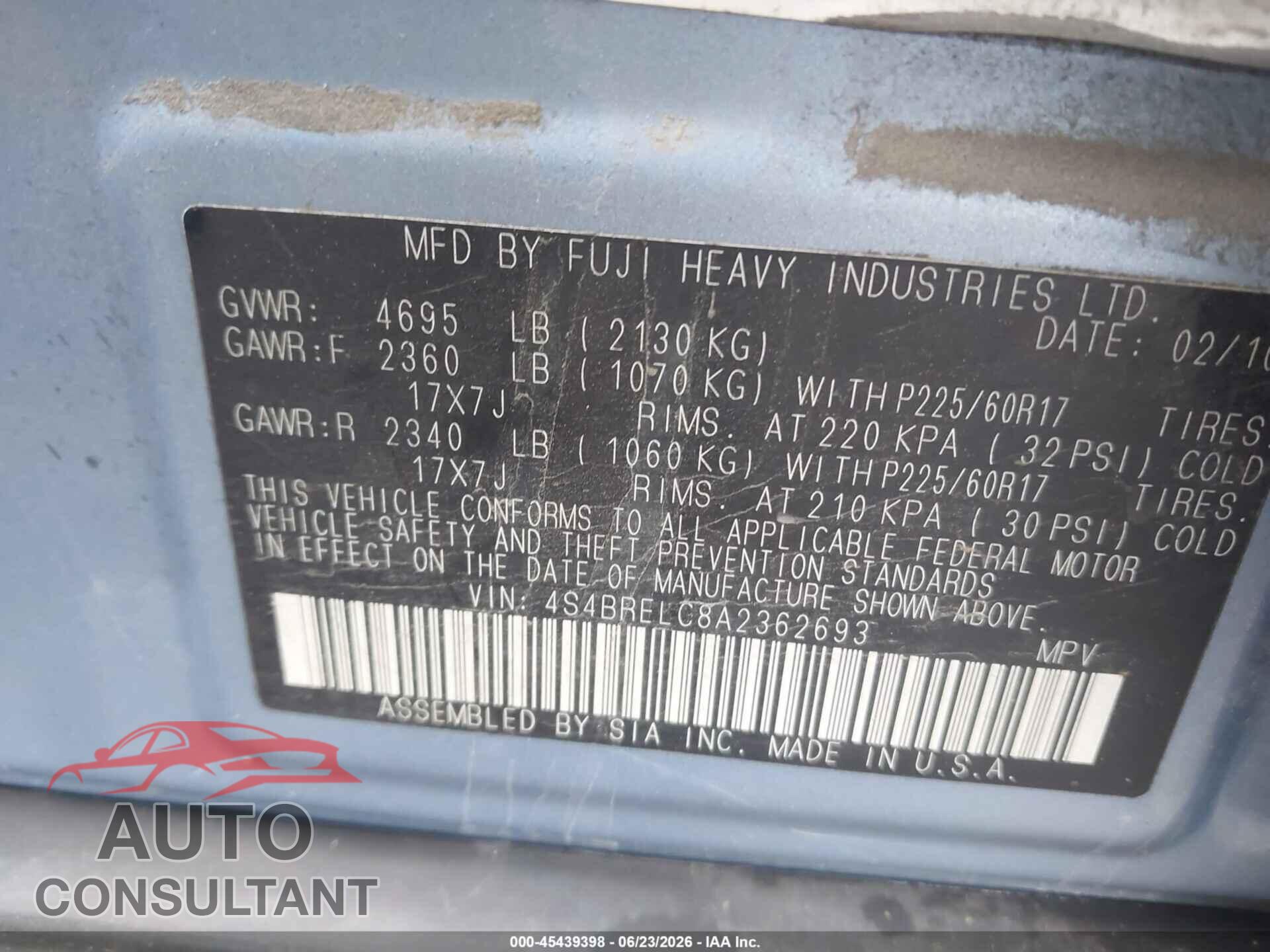 SUBARU OUTBACK 2010 - 4S4BRELC8A2362693