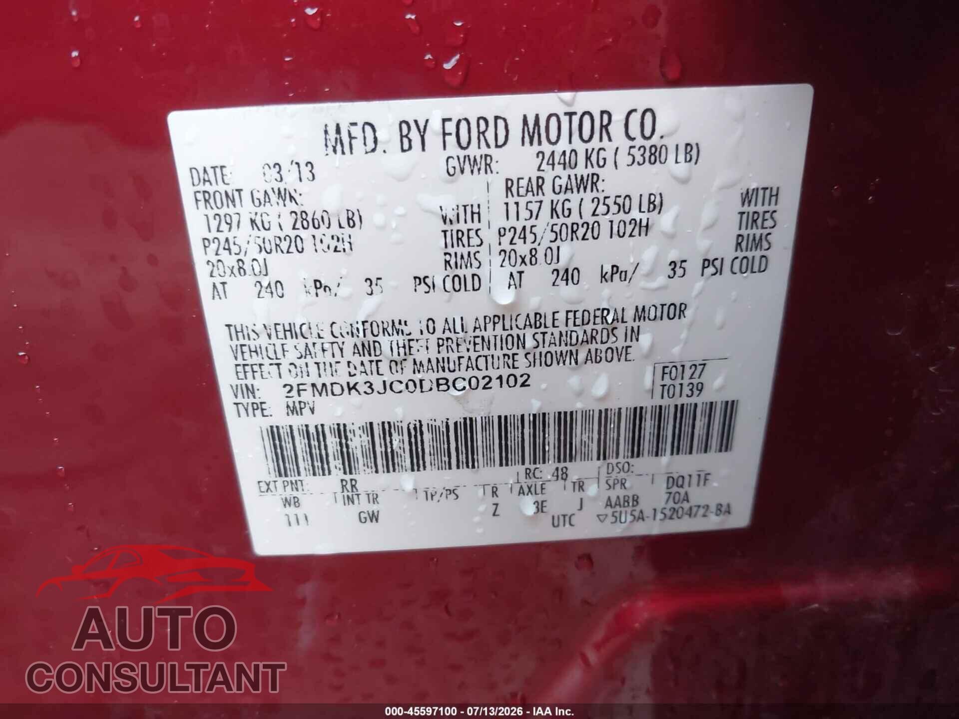 FORD EDGE 2013 - 2FMDK3JC0DBC02102