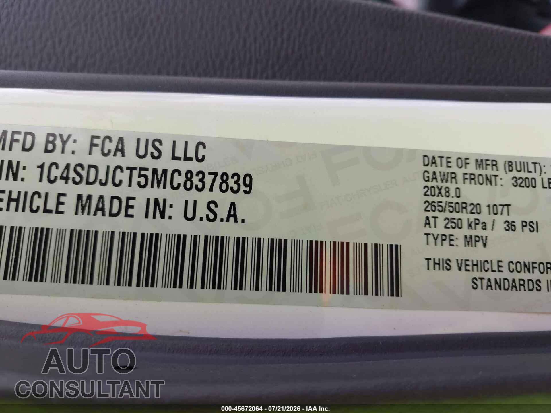 DODGE DURANGO 2021 - 1C4SDJCT5MC837839
