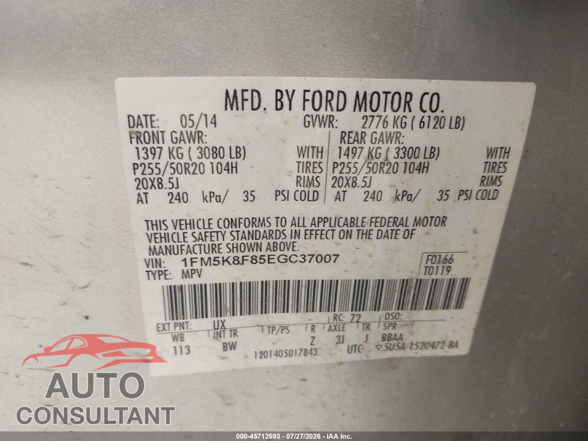 FORD EXPLORER 2014 - 1FM5K8F85EGC37007