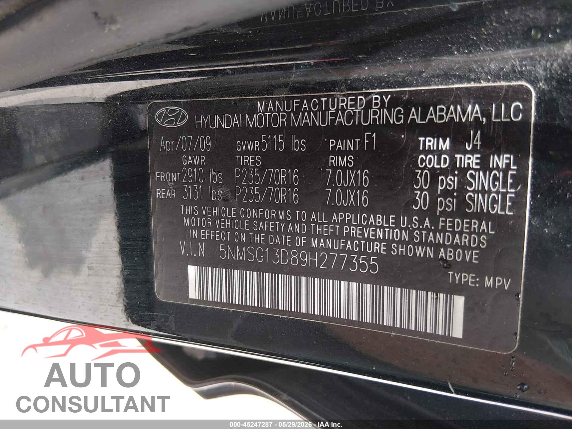 HYUNDAI SANTA FE 2009 - 5NMSG13D89H277355