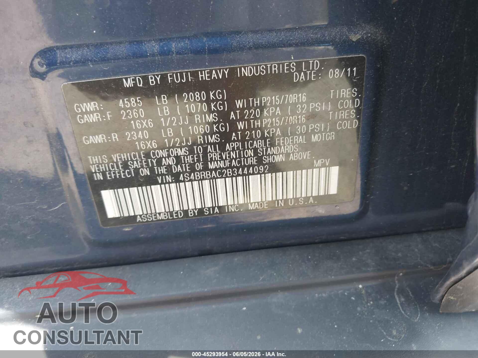 SUBARU OUTBACK 2011 - 4S4BRBAC2B3444092