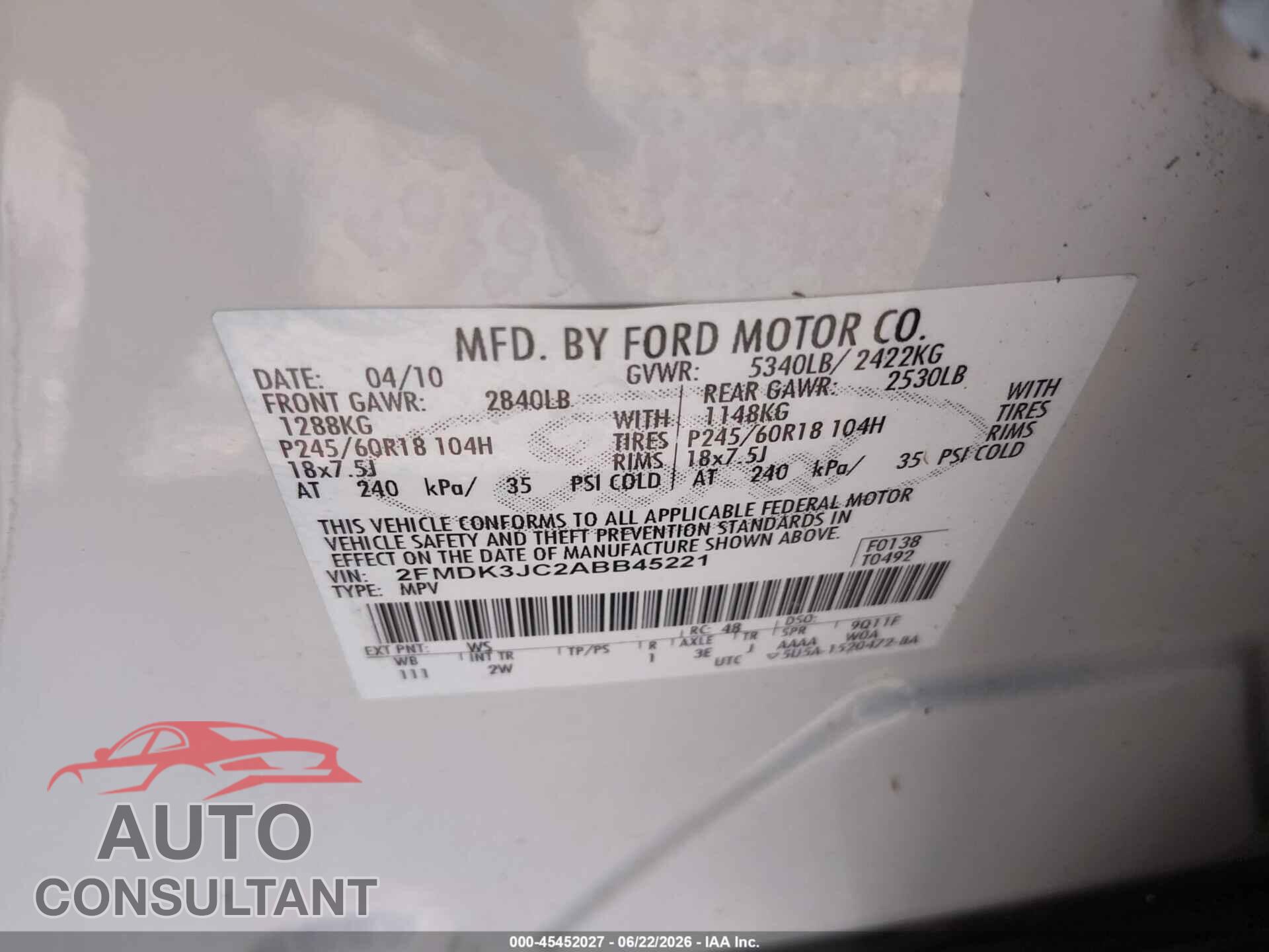 FORD EDGE 2010 - 2FMDK3JC2ABB45221