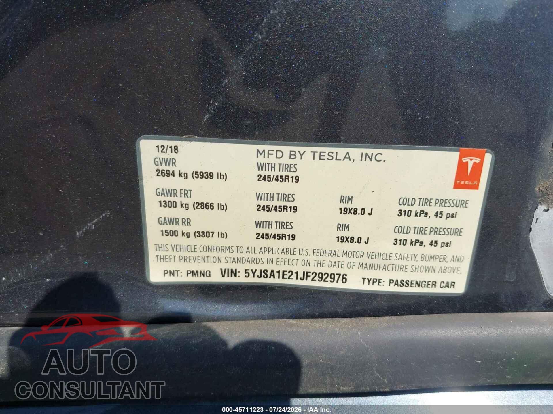 TESLA MODEL S 2018 - 5YJSA1E21JF292976