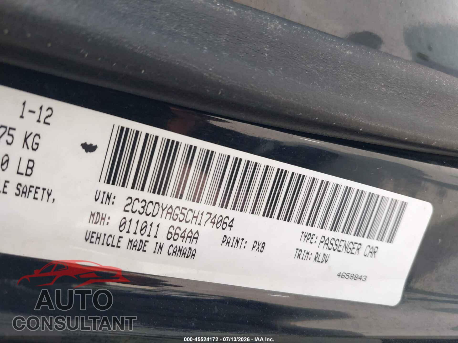 DODGE CHALLENGER 2012 - 2C3CDYAG5CH174064