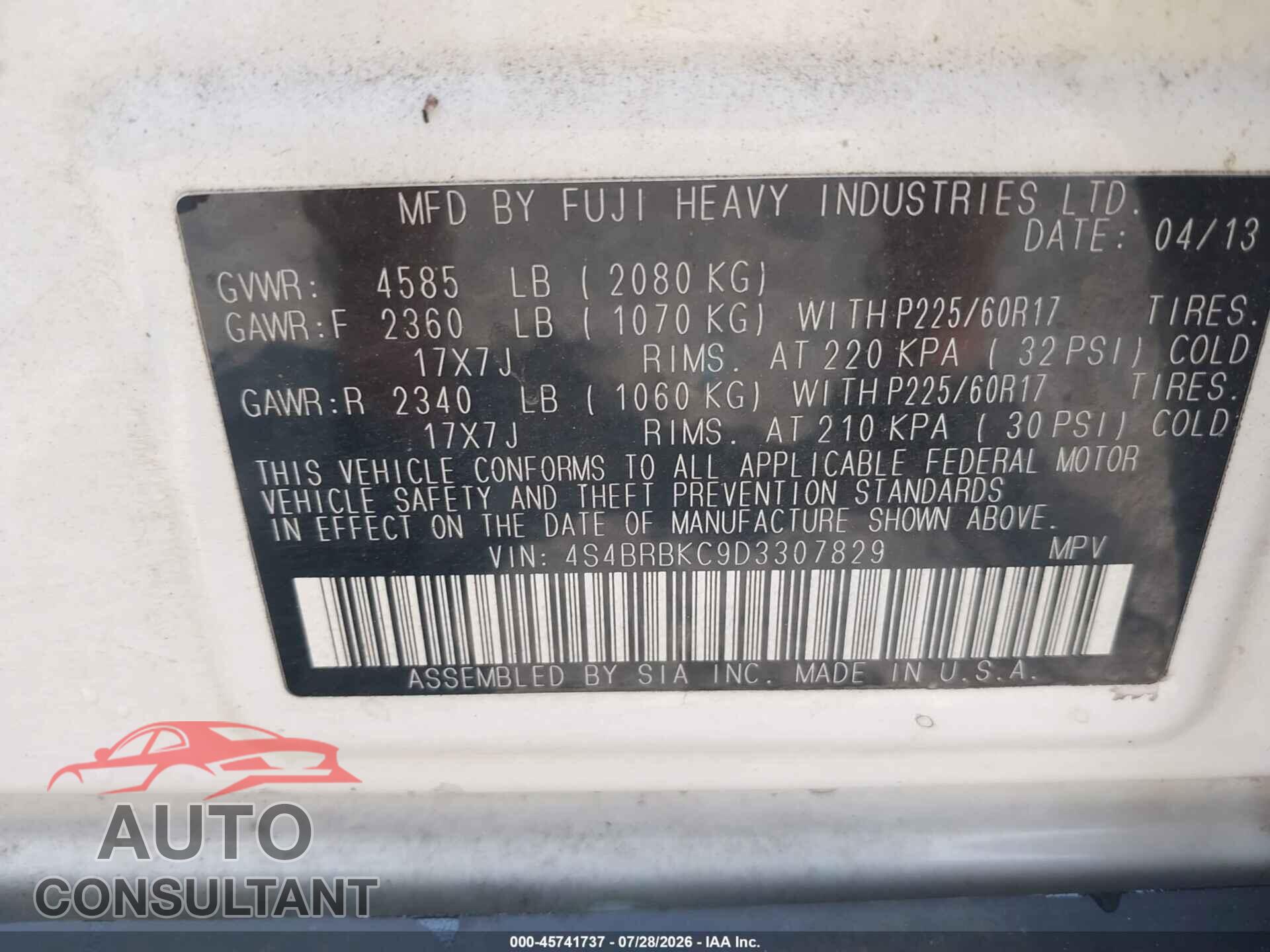 SUBARU OUTBACK 2013 - 4S4BRBKC9D3307829