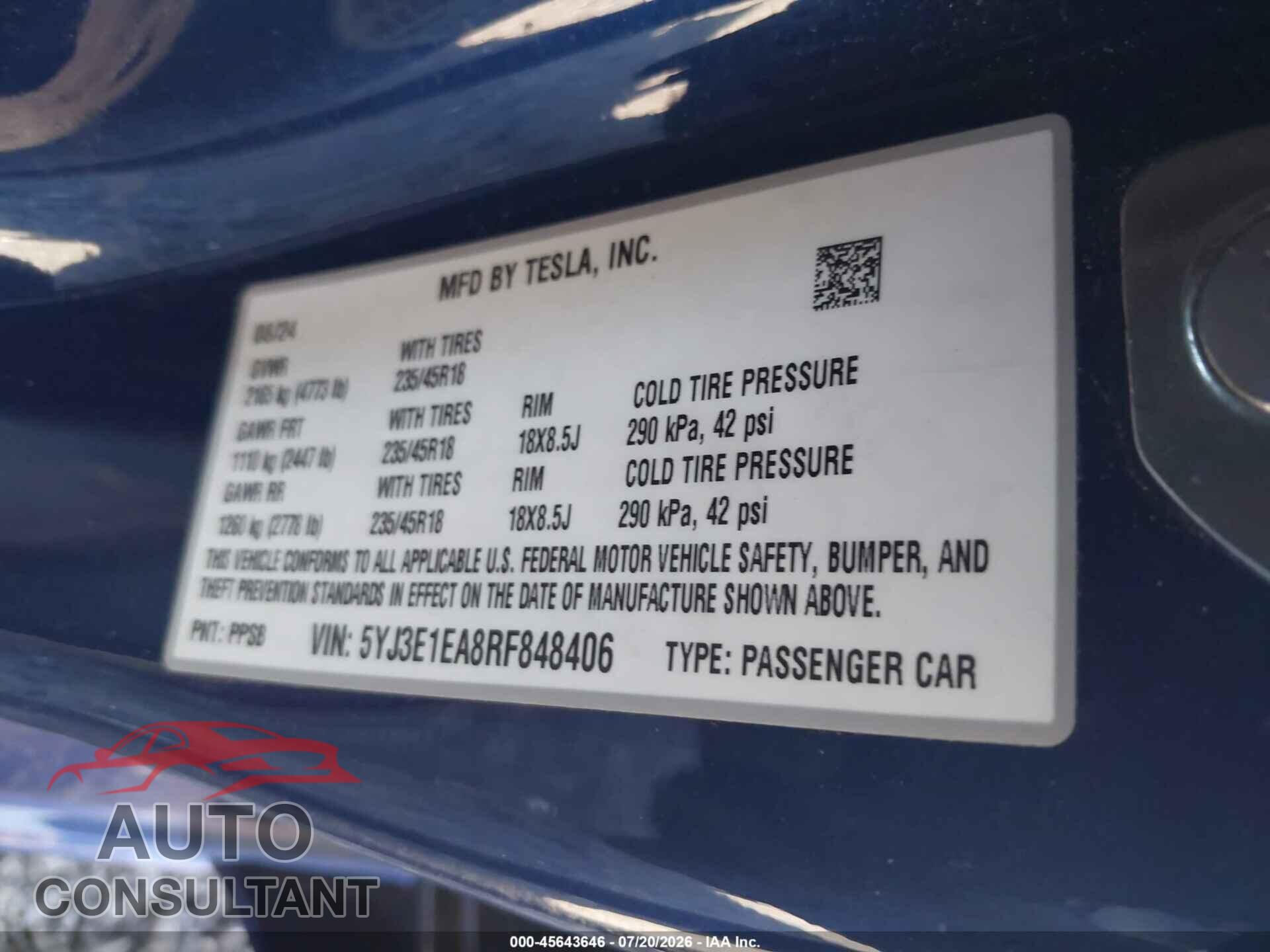 TESLA MODEL 3 2024 - 5YJ3E1EA8RF848406